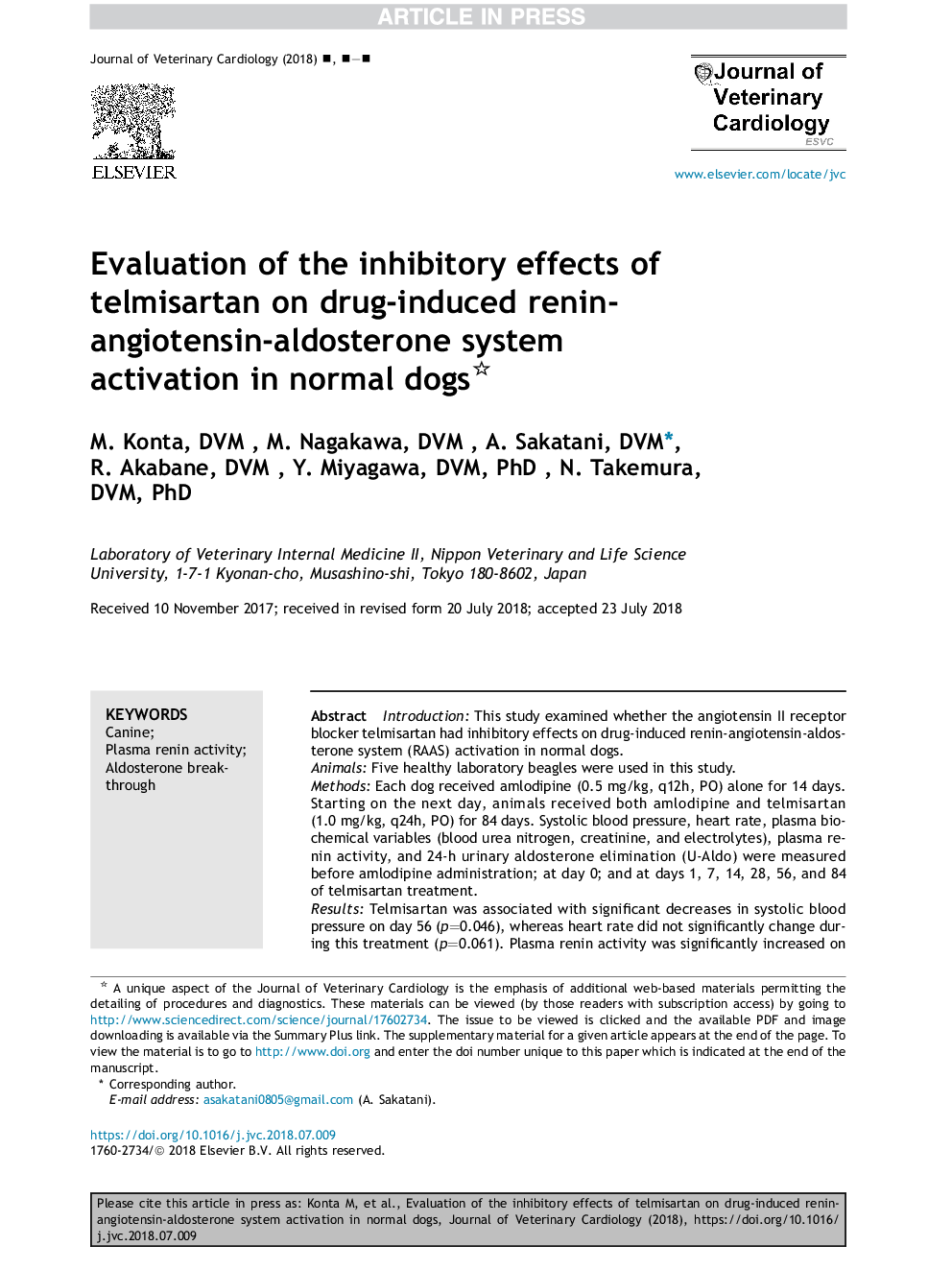 Evaluation of the inhibitory effects of telmisartan on drug-induced renin-angiotensin-aldosterone system activation in normal dogs