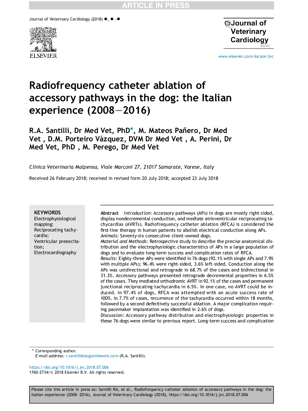 Radiofrequency catheter ablation of accessory pathways in the dog: the Italian experience (2008-2016)