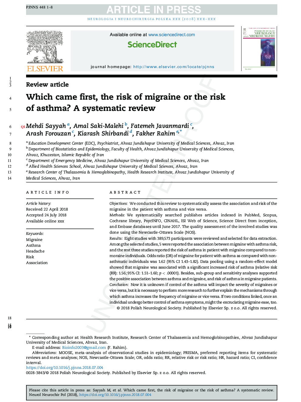 Which came first, the risk of migraine or the risk of asthma? A systematic review