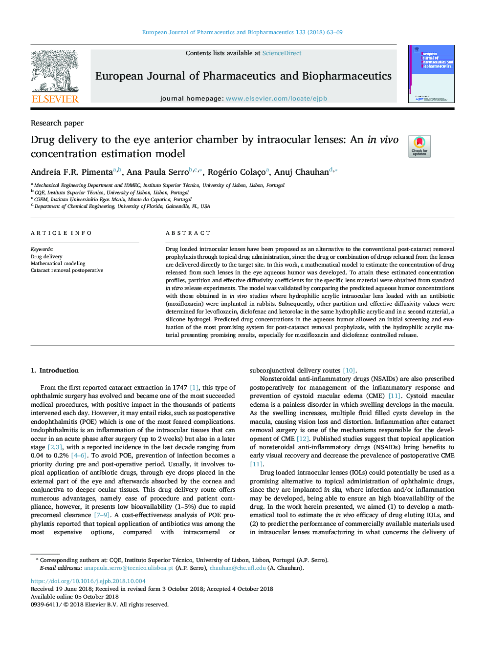 Drug delivery to the eye anterior chamber by intraocular lenses: An in vivo concentration estimation model