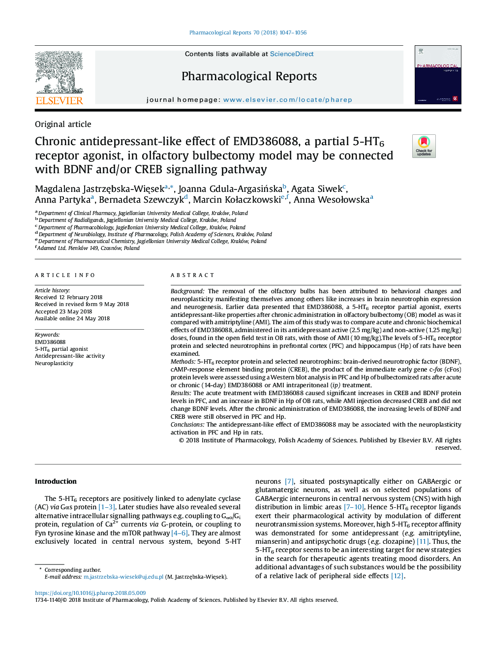 Chronic antidepressant-like effect of EMD386088, a partial 5-HT6 receptor agonist, in olfactory bulbectomy model may be connected with BDNF and/or CREB signalling pathway