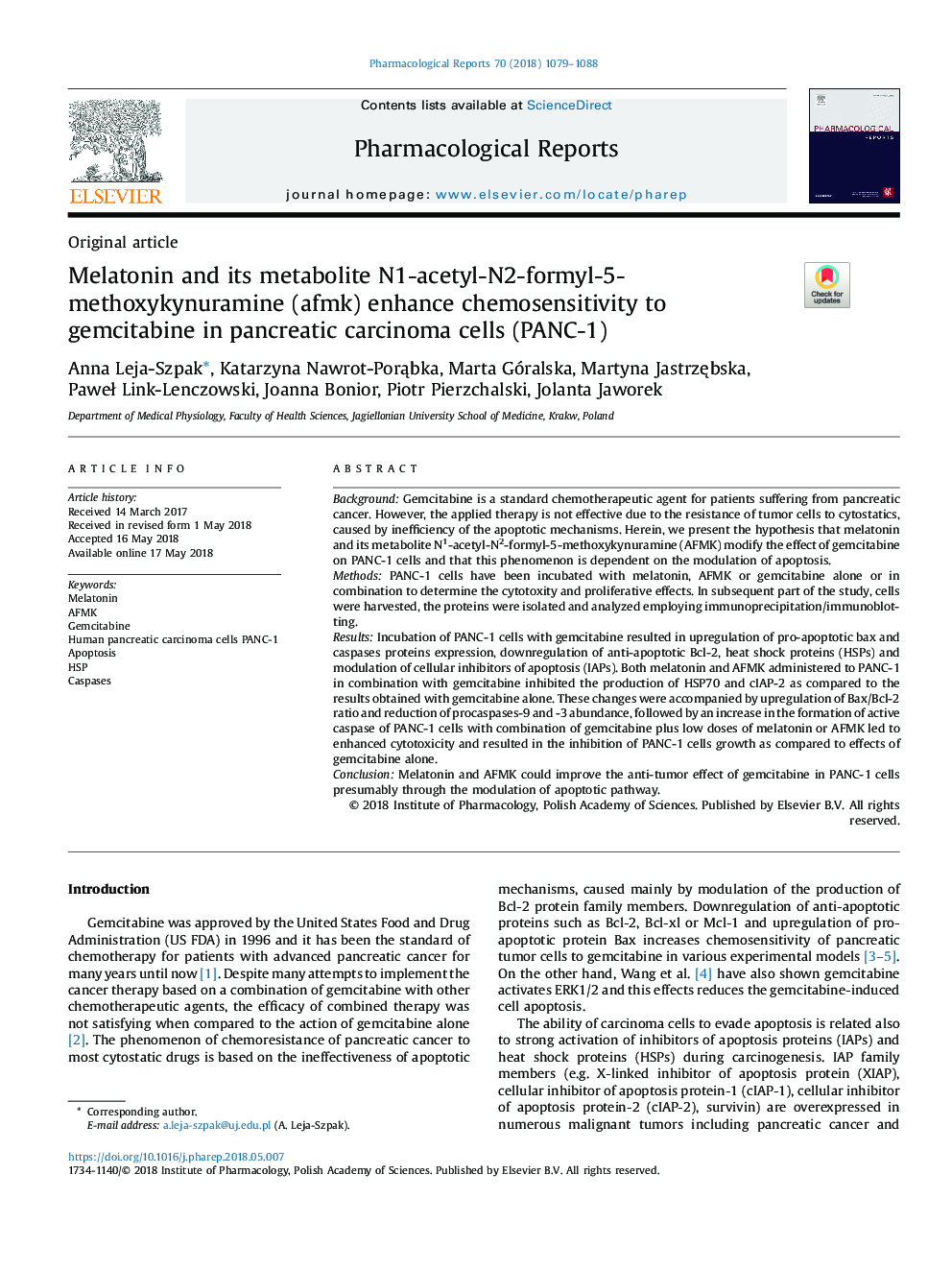 Melatonin and its metabolite N1-acetyl-N2-formyl-5-methoxykynuramine (afmk) enhance chemosensitivity to gemcitabine in pancreatic carcinoma cells (PANC-1)