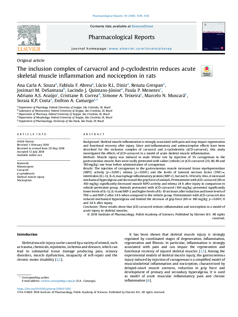 The inclusion complex of carvacrol and Î²-cyclodextrin reduces acute skeletal muscle inflammation and nociception in rats