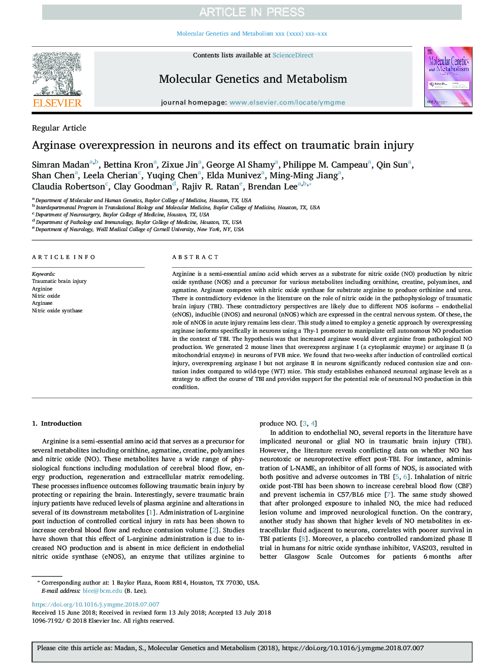 Arginase overexpression in neurons and its effect on traumatic brain injury