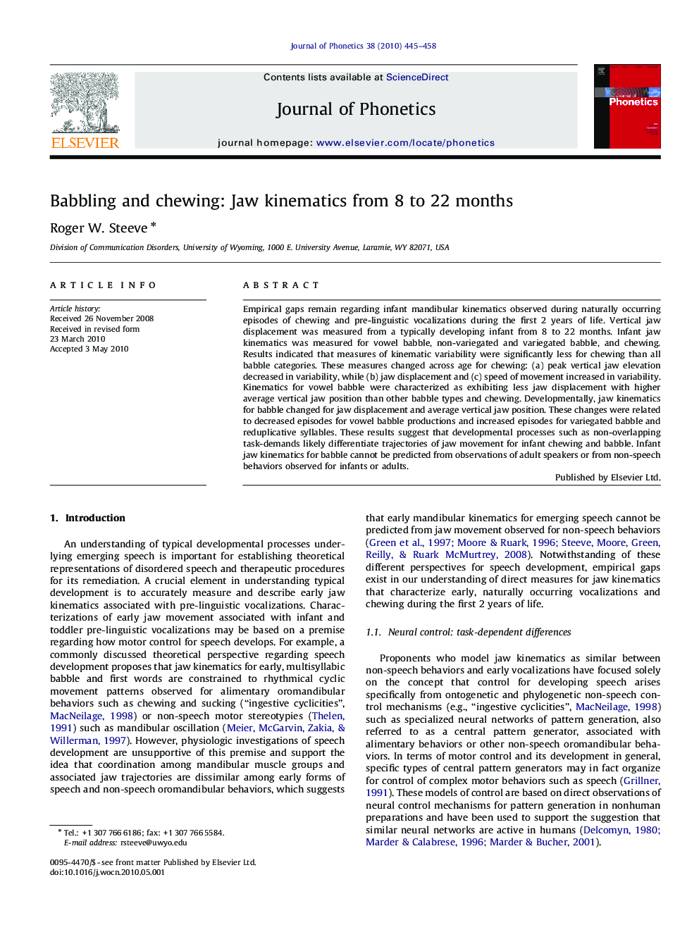 Babbling and chewing: Jaw kinematics from 8 to 22 months