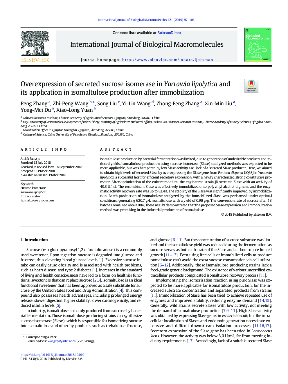 Overexpression of secreted sucrose isomerase in Yarrowia lipolytica and its application in isomaltulose production after immobilization