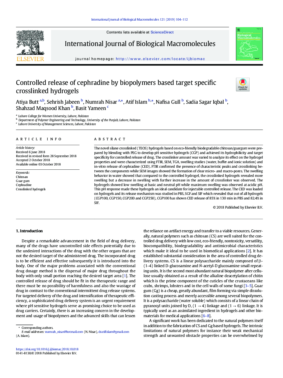 Controlled release of cephradine by biopolymers based target specific crosslinked hydrogels