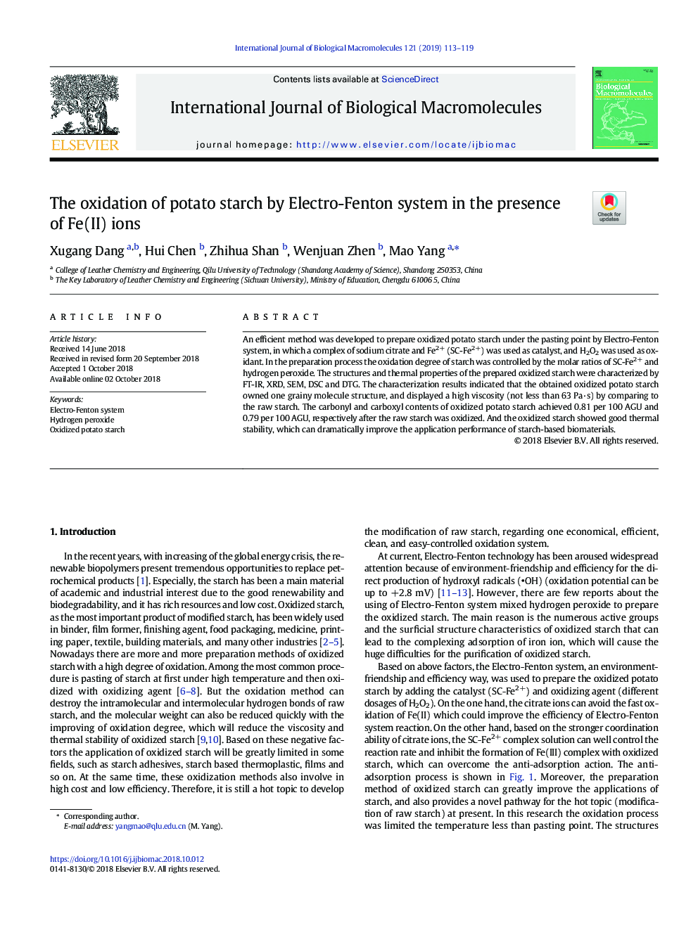 The oxidation of potato starch by Electro-Fenton system in the presence of Fe(II) ions