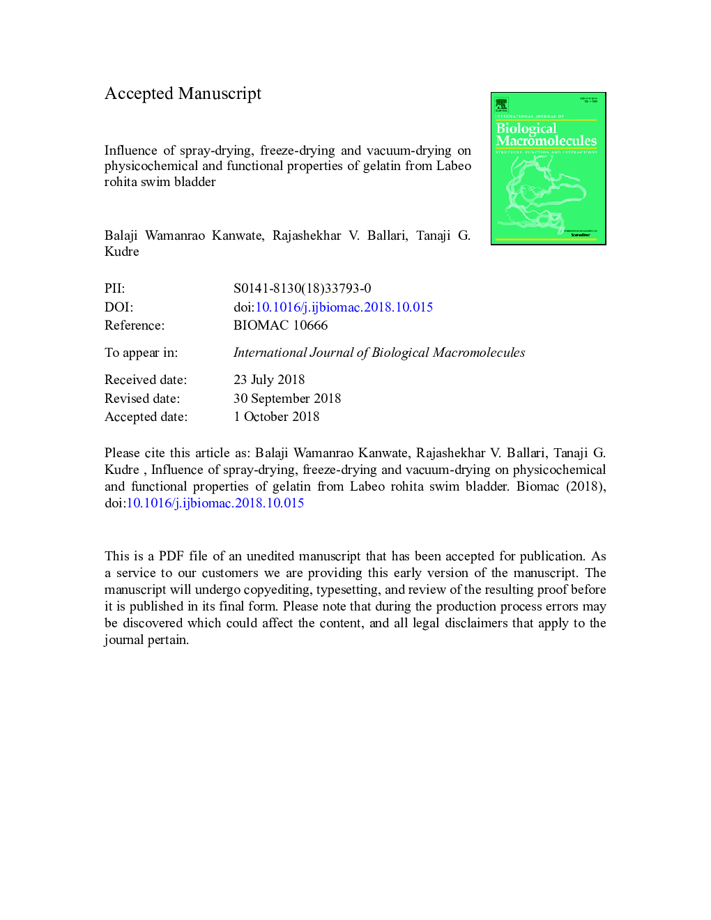 Influence of spray-drying, freeze-drying and vacuum-drying on physicochemical and functional properties of gelatin from Labeo rohita swim bladder