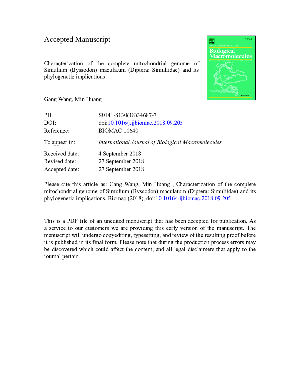 Characterization of the complete mitochondrial genome of Simulium (Byssodon) maculatum (Diptera: Simuliidae) and its phylogenetic implications