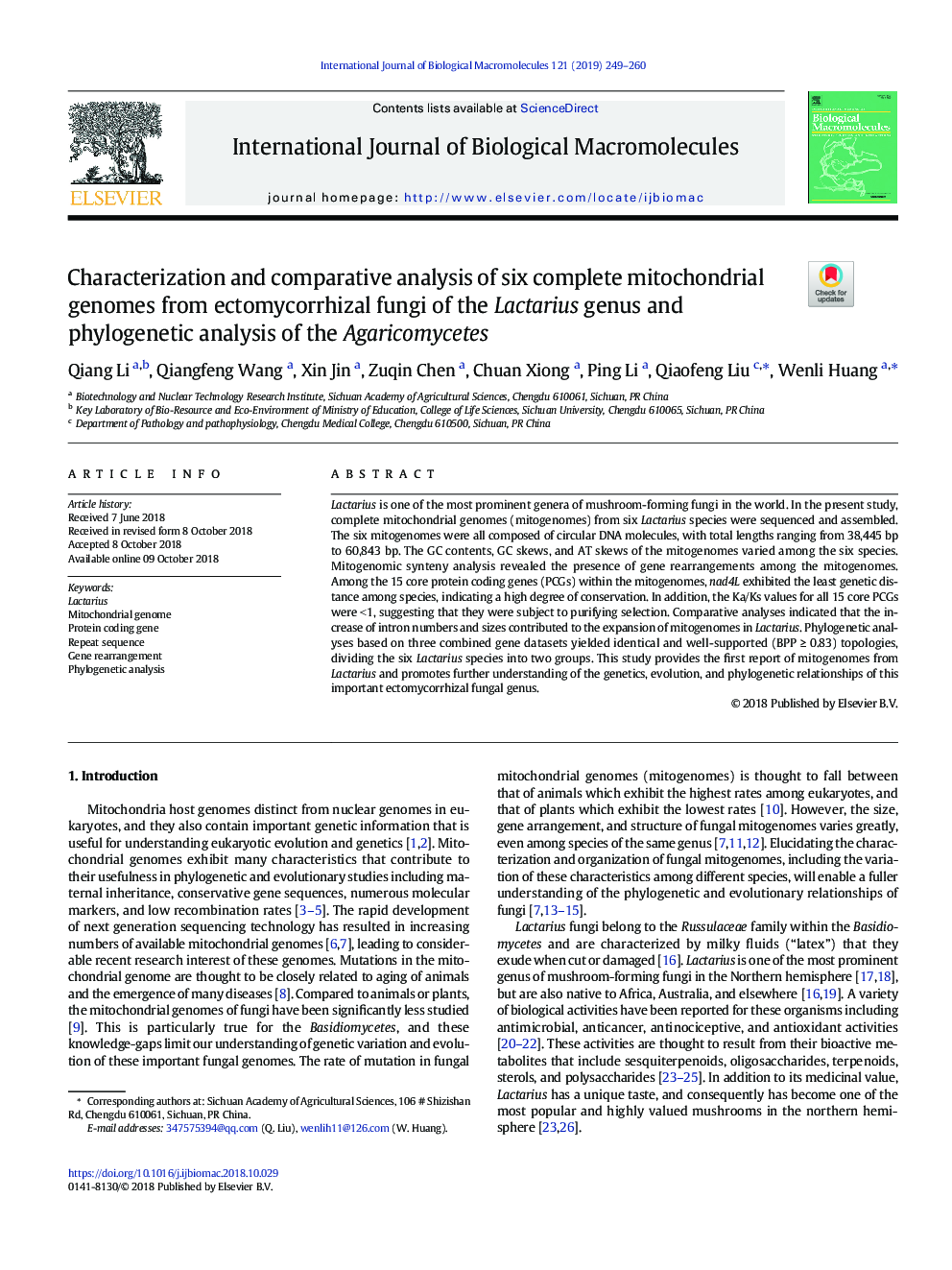 Characterization and comparative analysis of six complete mitochondrial genomes from ectomycorrhizal fungi of the Lactarius genus and phylogenetic analysis of the Agaricomycetes