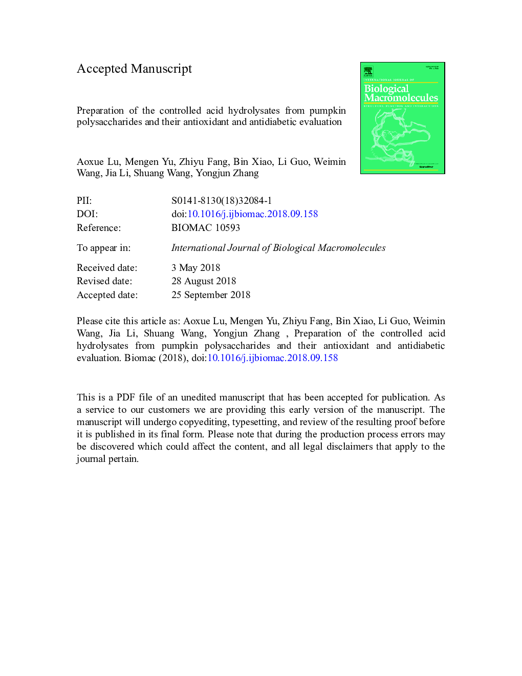 Preparation of the controlled acid hydrolysates from pumpkin polysaccharides and their antioxidant and antidiabetic evaluation