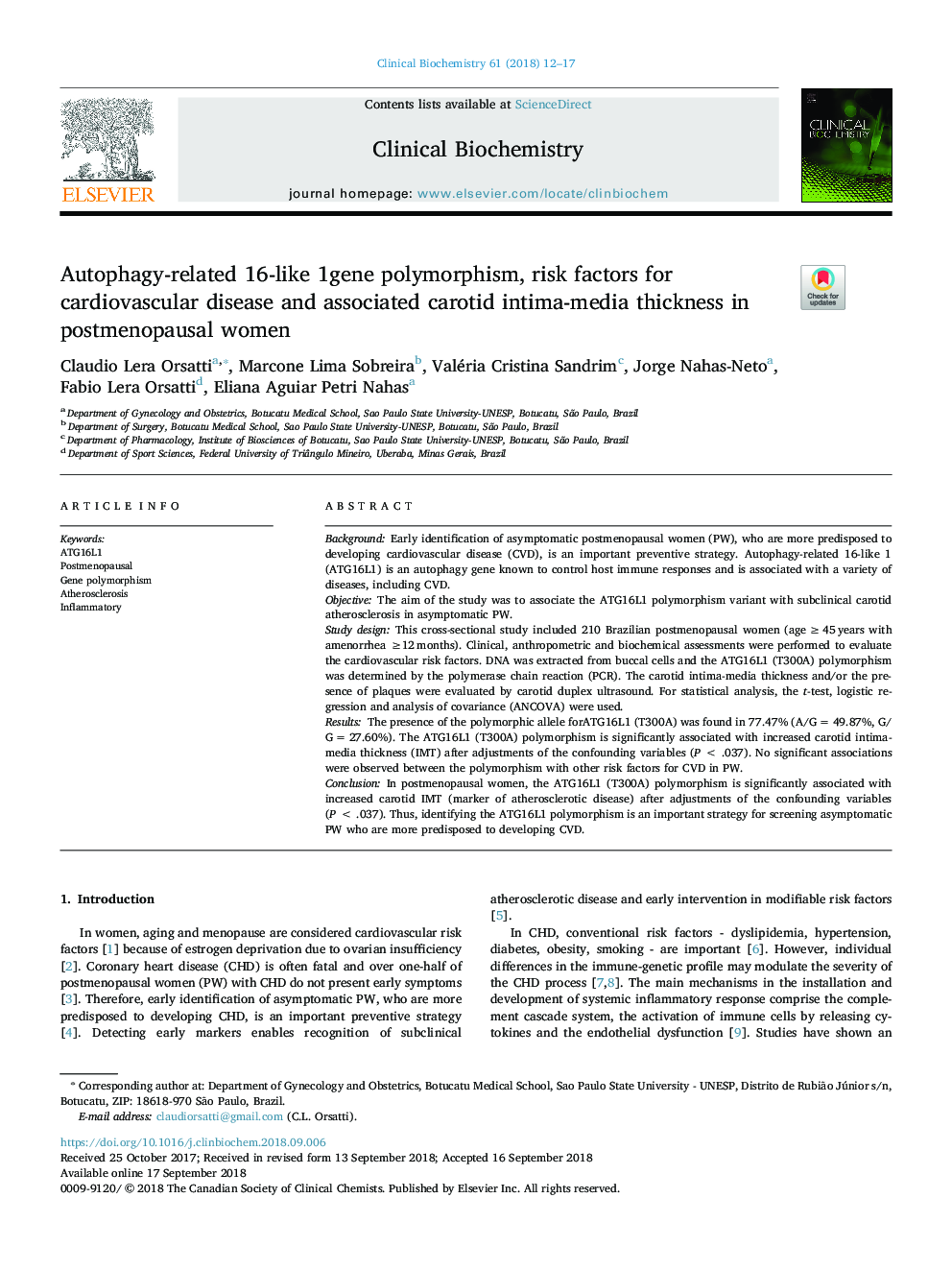 Autophagy-related 16-like 1gene polymorphism, risk factors for cardiovascular disease and associated carotid intima-media thickness in postmenopausal women