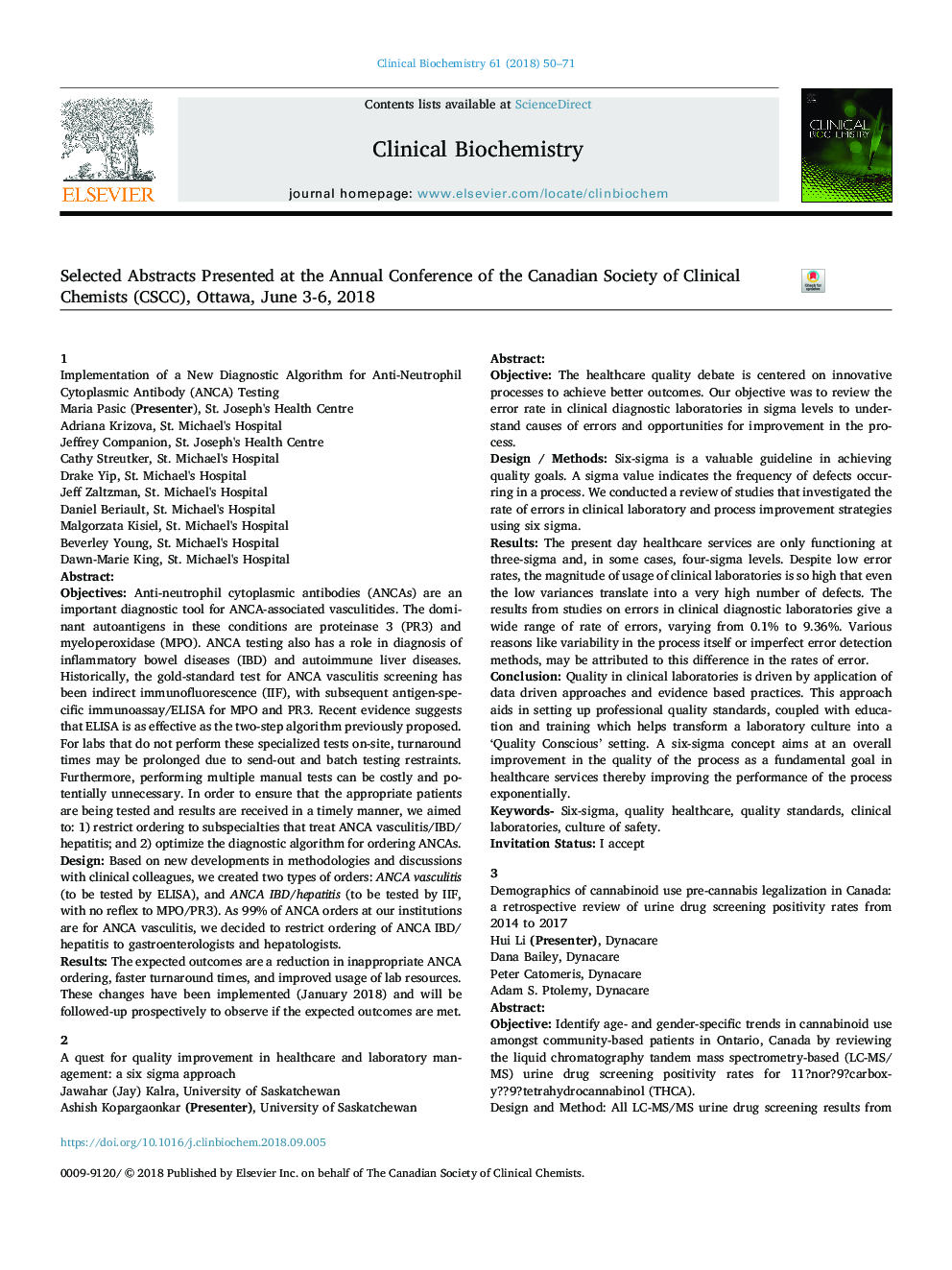 Selected Abstracts Presented at the Annual Conference of the Canadian Society of Clinical Chemists (CSCC), Ottawa, June 3-6, 2018