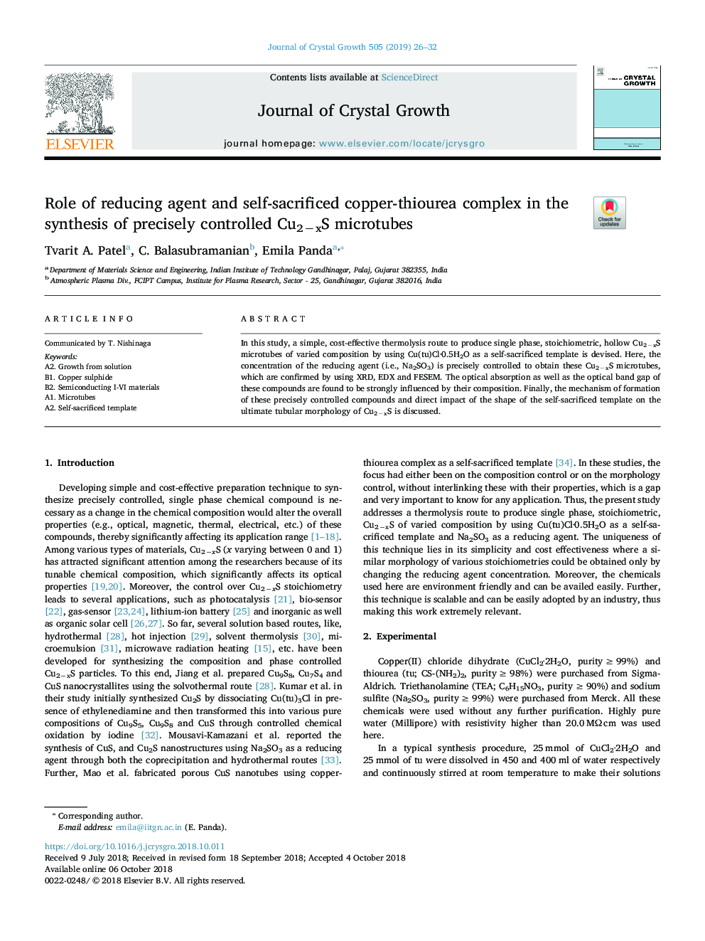 Role of reducing agent and self-sacrificed copper-thiourea complex in the synthesis of precisely controlled Cu2âxS microtubes