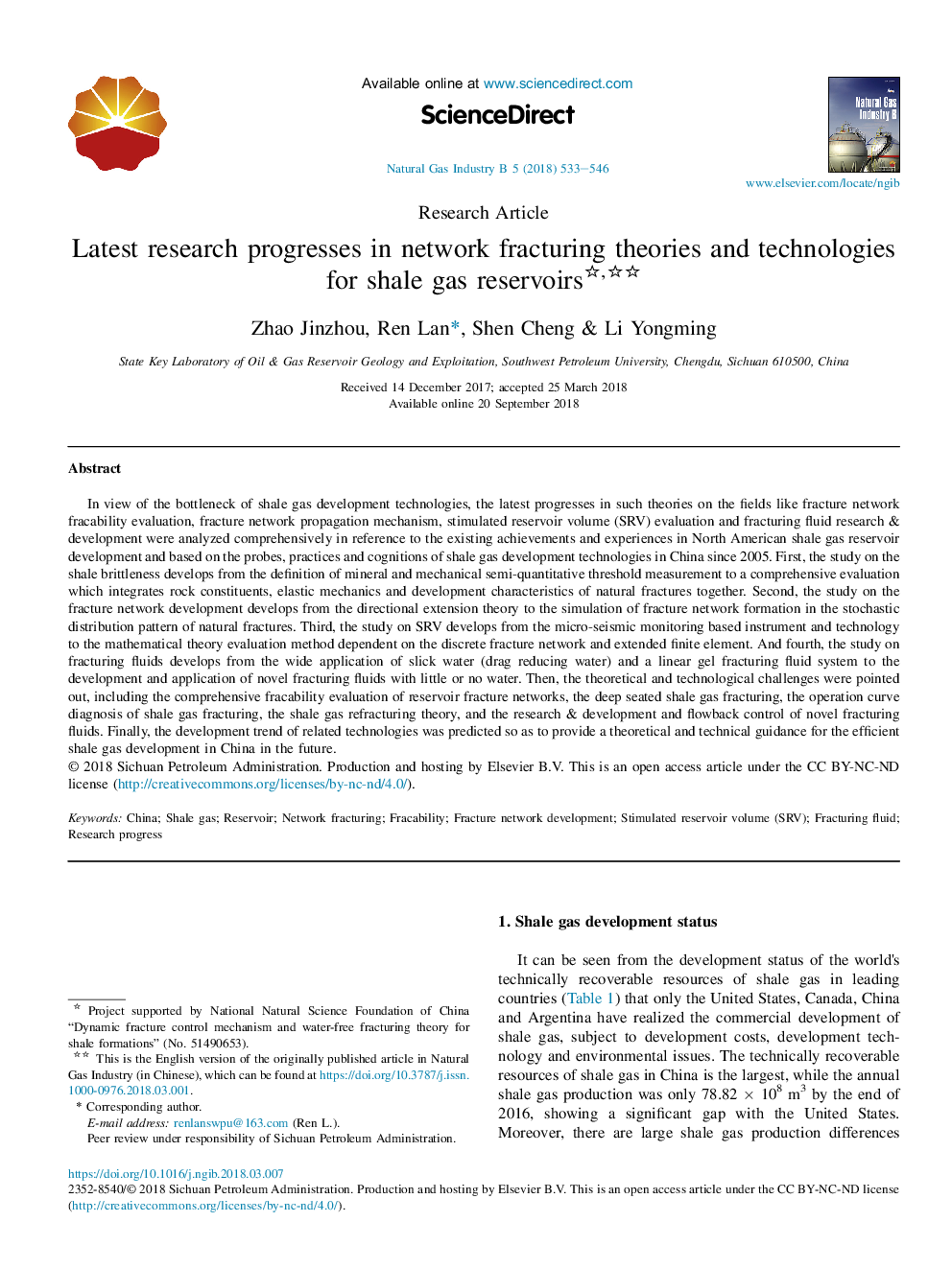 Latest research progresses in network fracturing theories and technologies for shale gas reservoirs