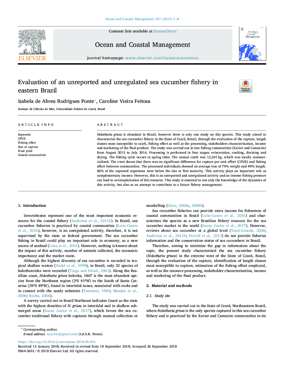 Evaluation of an unreported and unregulated sea cucumber fishery in eastern Brazil