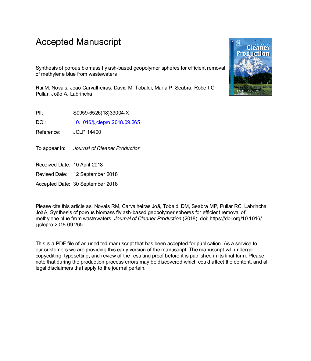 Synthesis of porous biomass fly ash-based geopolymer spheres for efficient removal of methylene blue from wastewaters