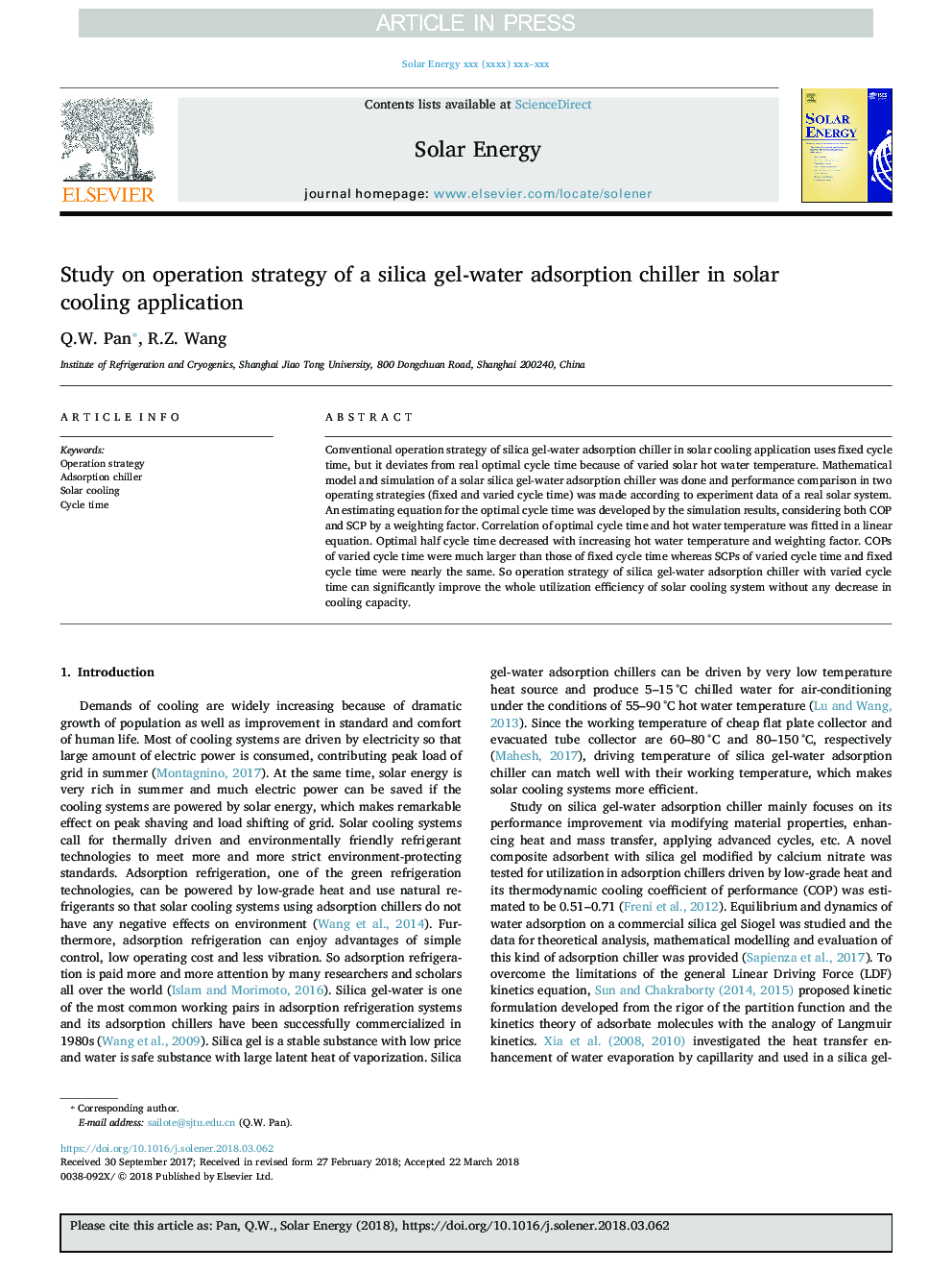 Study on operation strategy of a silica gel-water adsorption chiller in solar cooling application