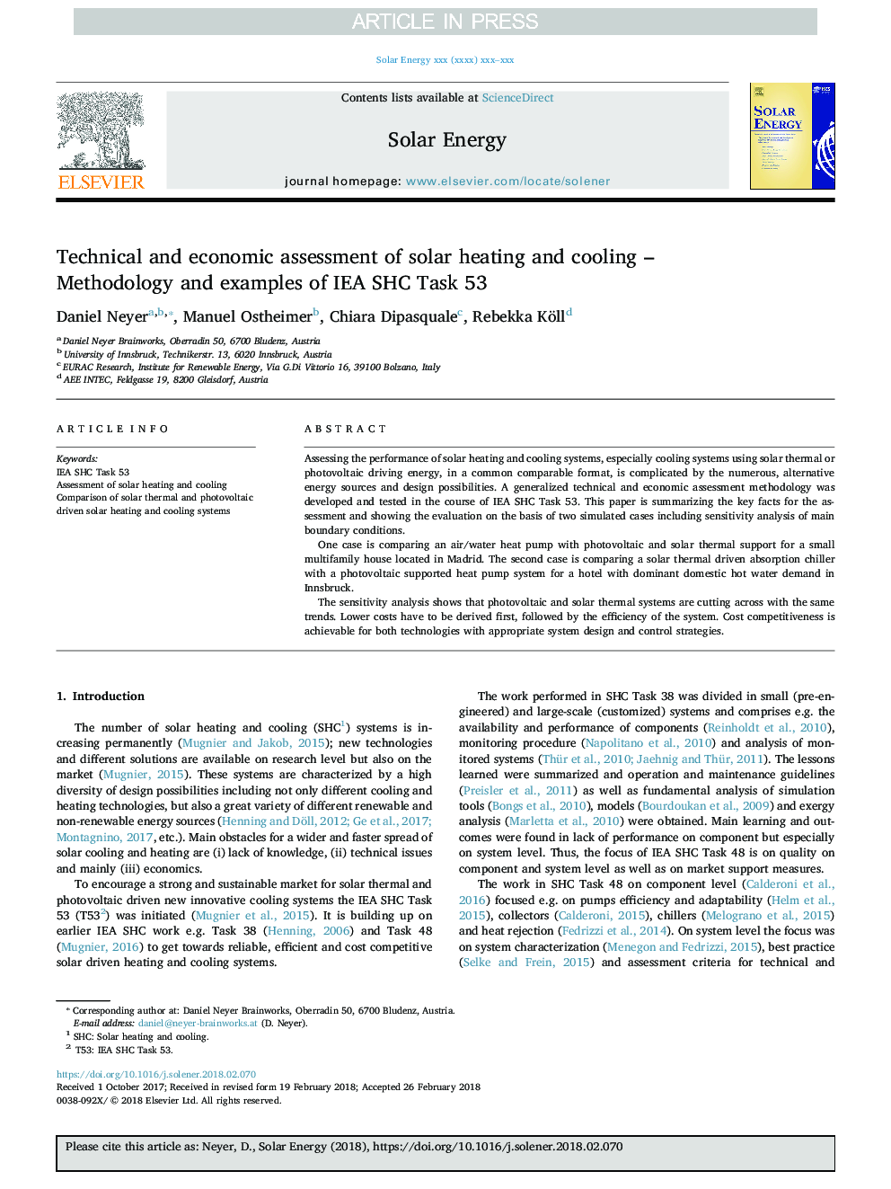 Technical and economic assessment of solar heating and cooling - Methodology and examples of IEA SHC Task 53