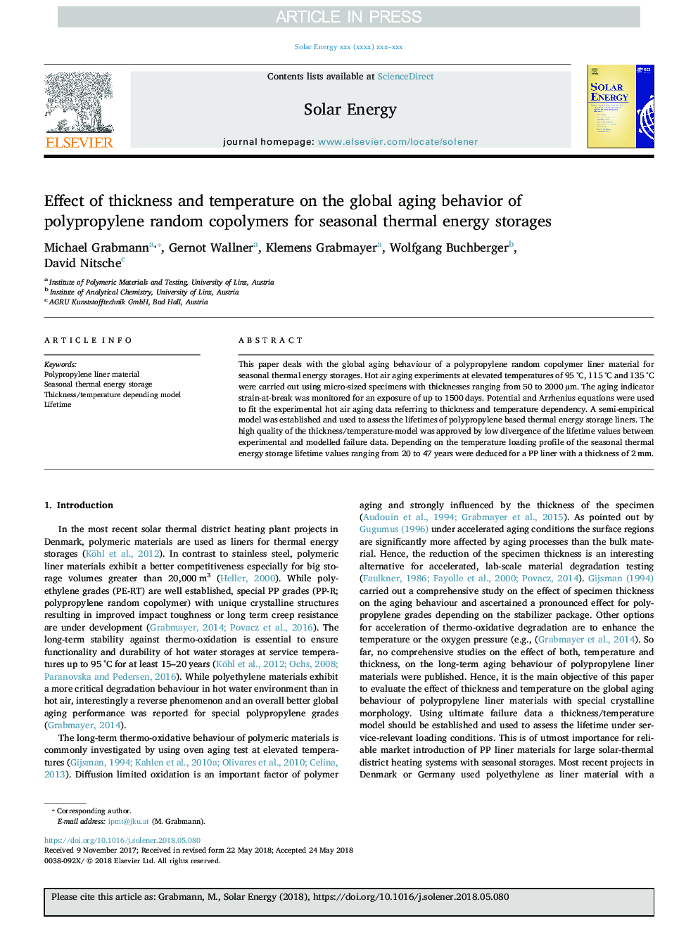 Effect of thickness and temperature on the global aging behavior of polypropylene random copolymers for seasonal thermal energy storages