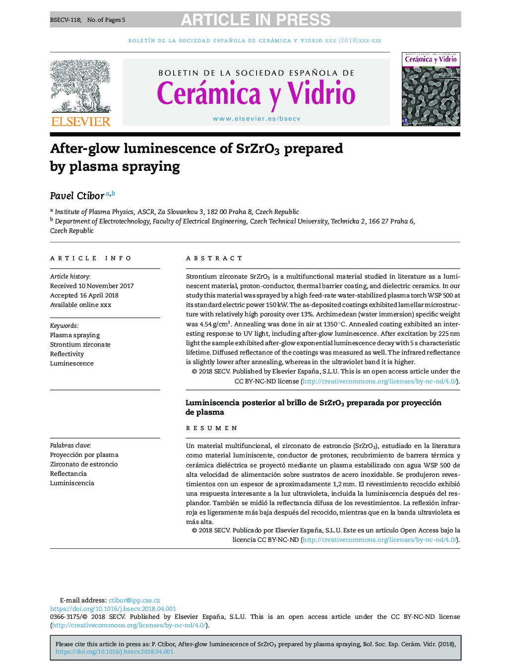 After-glow luminescence of SrZrO3 prepared by plasma spraying