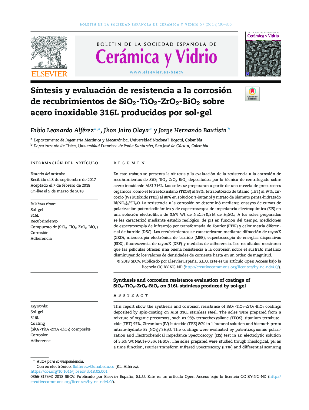 SÃ­ntesis y evaluación de resistencia a la corrosión de recubrimientos de SiO2-TiO2-ZrO2-BiO2 sobre acero inoxidable 316L producidos por sol-gel