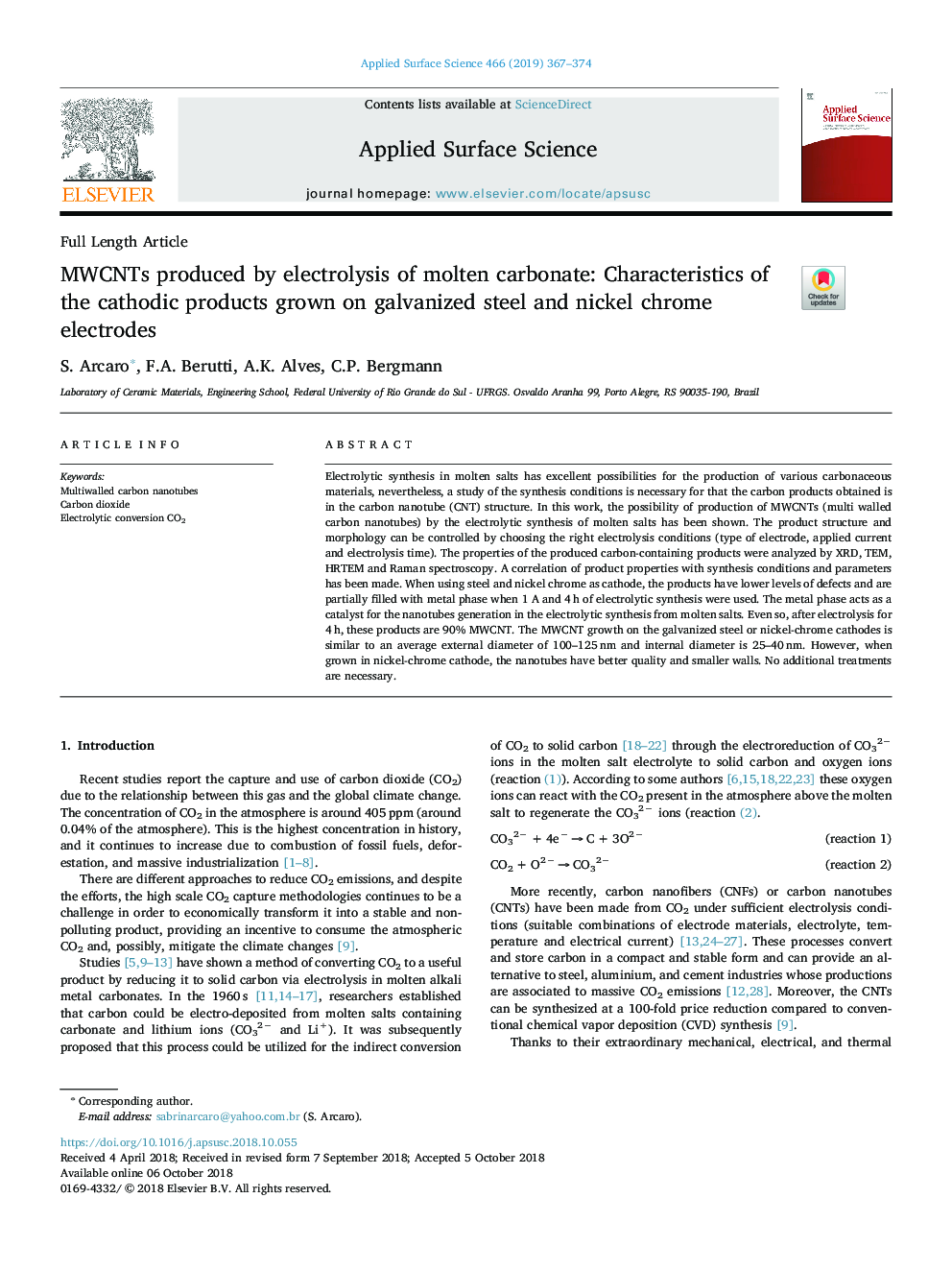 MWCNTs produced by electrolysis of molten carbonate: Characteristics of the cathodic products grown on galvanized steel and nickel chrome electrodes