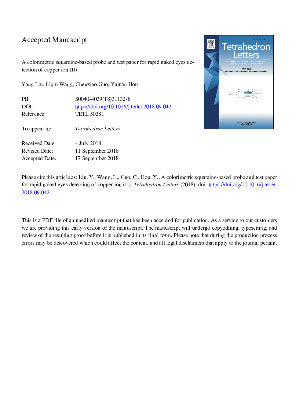 A colorimetric squaraine-based probe and test paper for rapid naked eyes detection of copper ion (II)