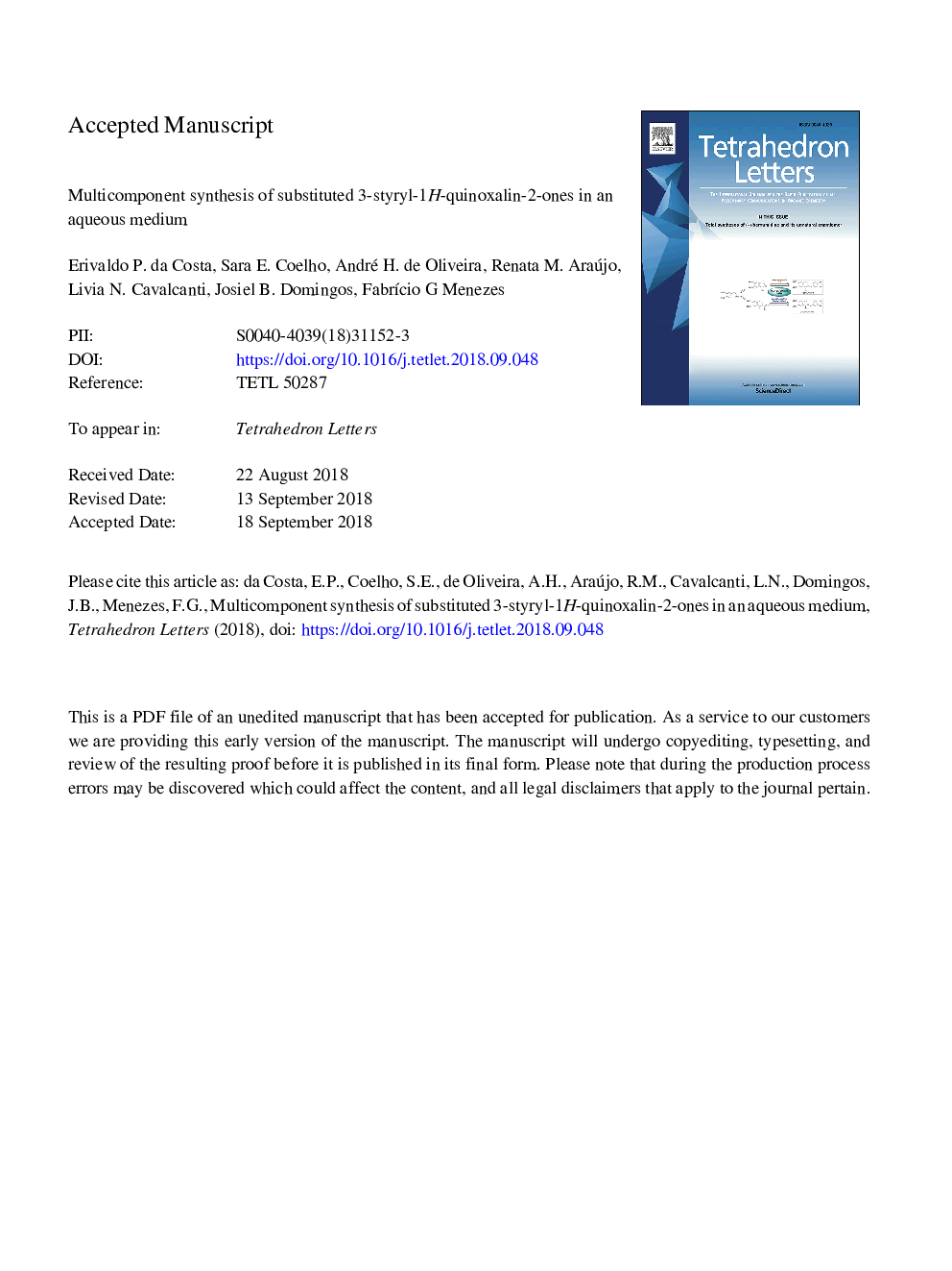 Multicomponent synthesis of substituted 3-styryl-1H-quinoxalin-2-ones in an aqueous medium