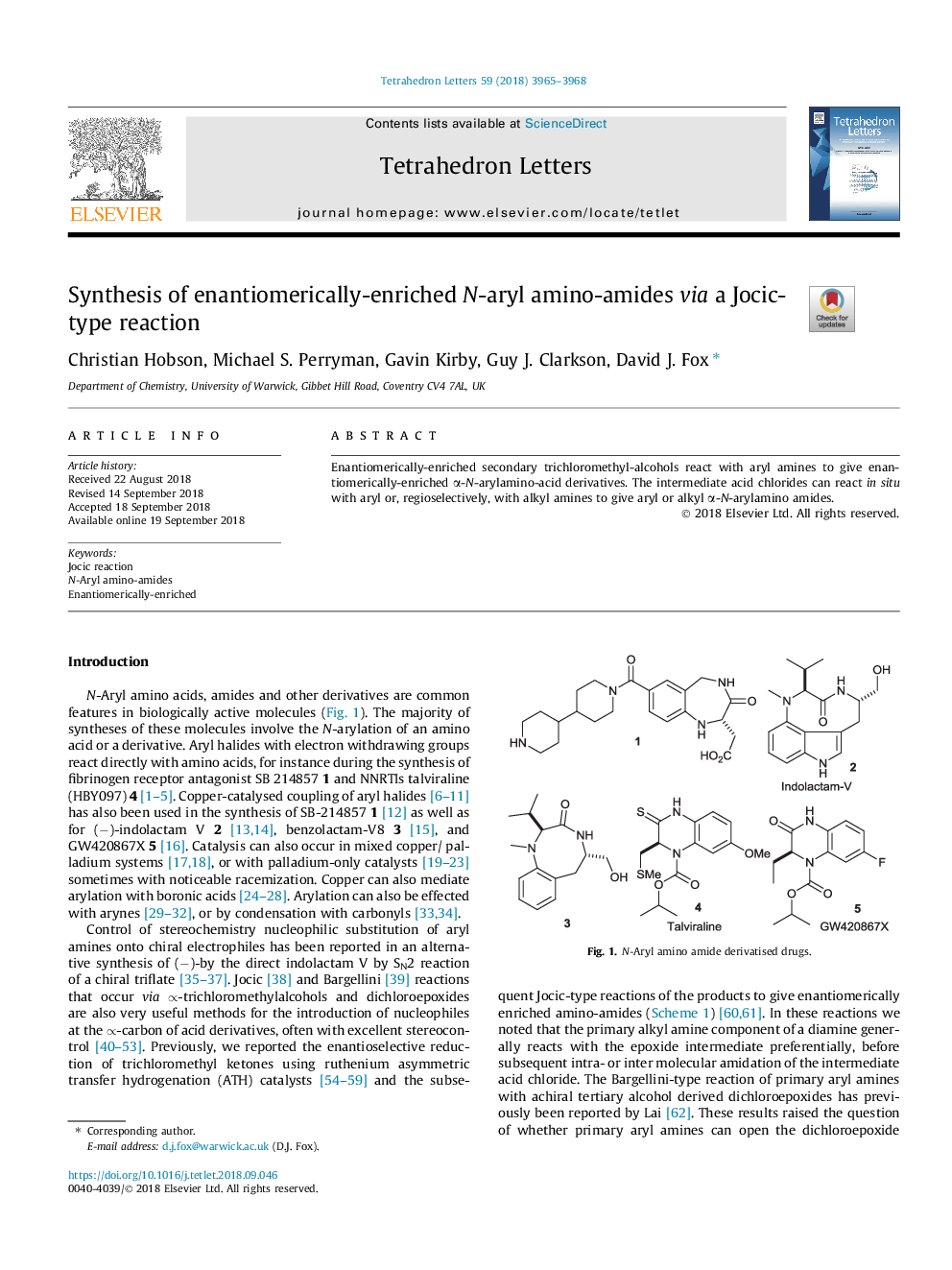 Synthesis of enantiomerically-enriched N-aryl amino-amides via a Jocic-type reaction