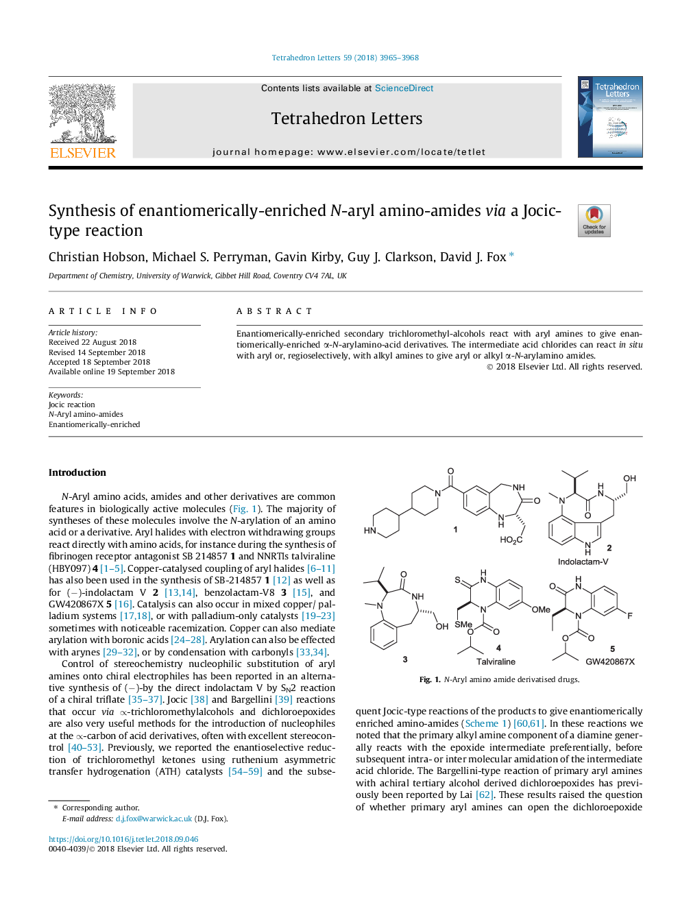 عکس صفحه اول مقاله: Synthesis of enantiomerically-enriched N-aryl amino-amides via a Jocic-type reaction Synthesis of enantiomerically-enriched N-aryl amino-amides via a Jocic-type reaction