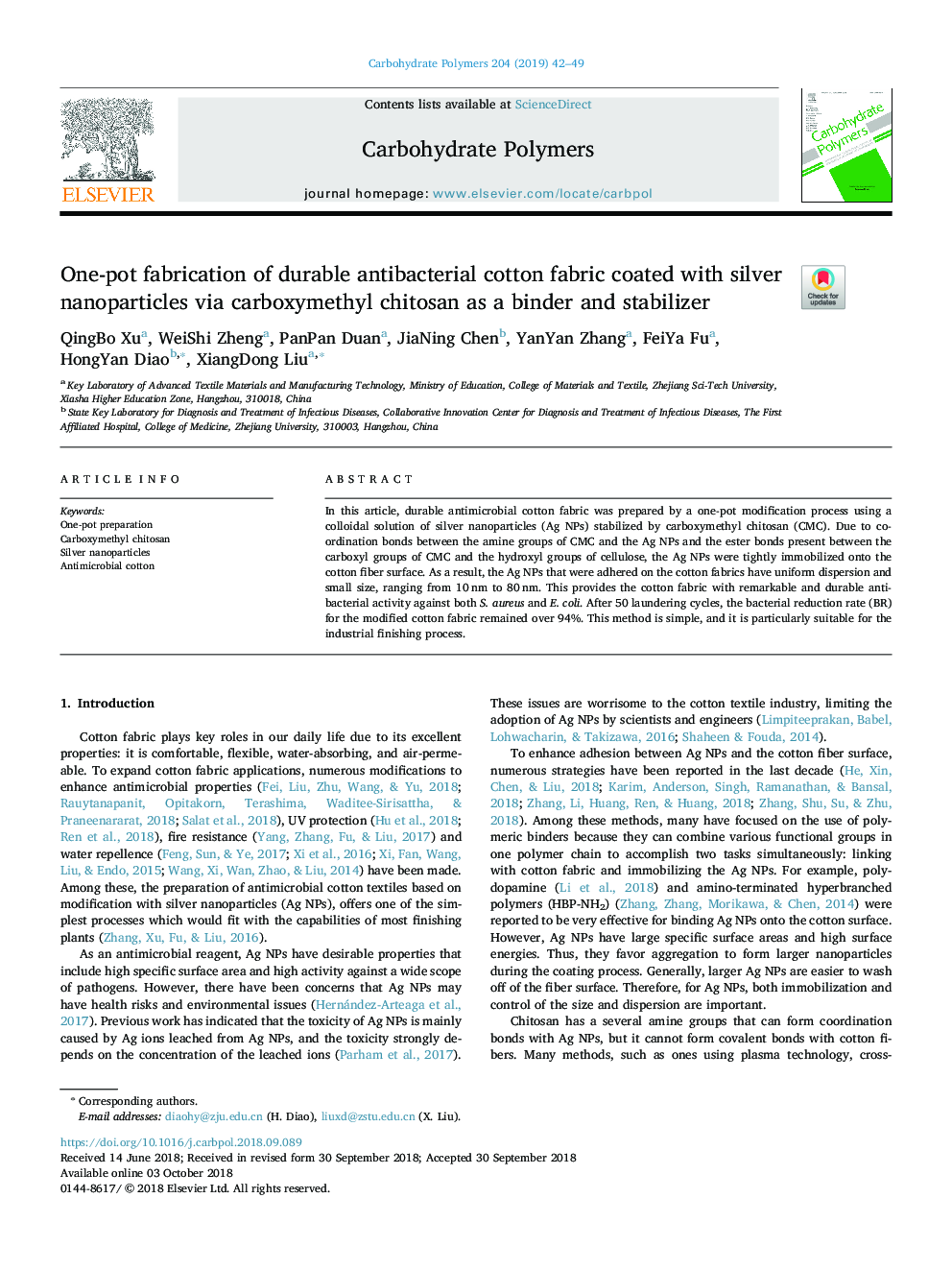 One-pot fabrication of durable antibacterial cotton fabric coated with silver nanoparticles via carboxymethyl chitosan as a binder and stabilizer