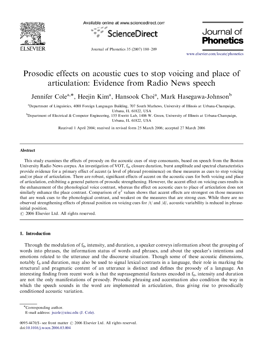 Prosodic effects on acoustic cues to stop voicing and place of articulation: Evidence from Radio News speech