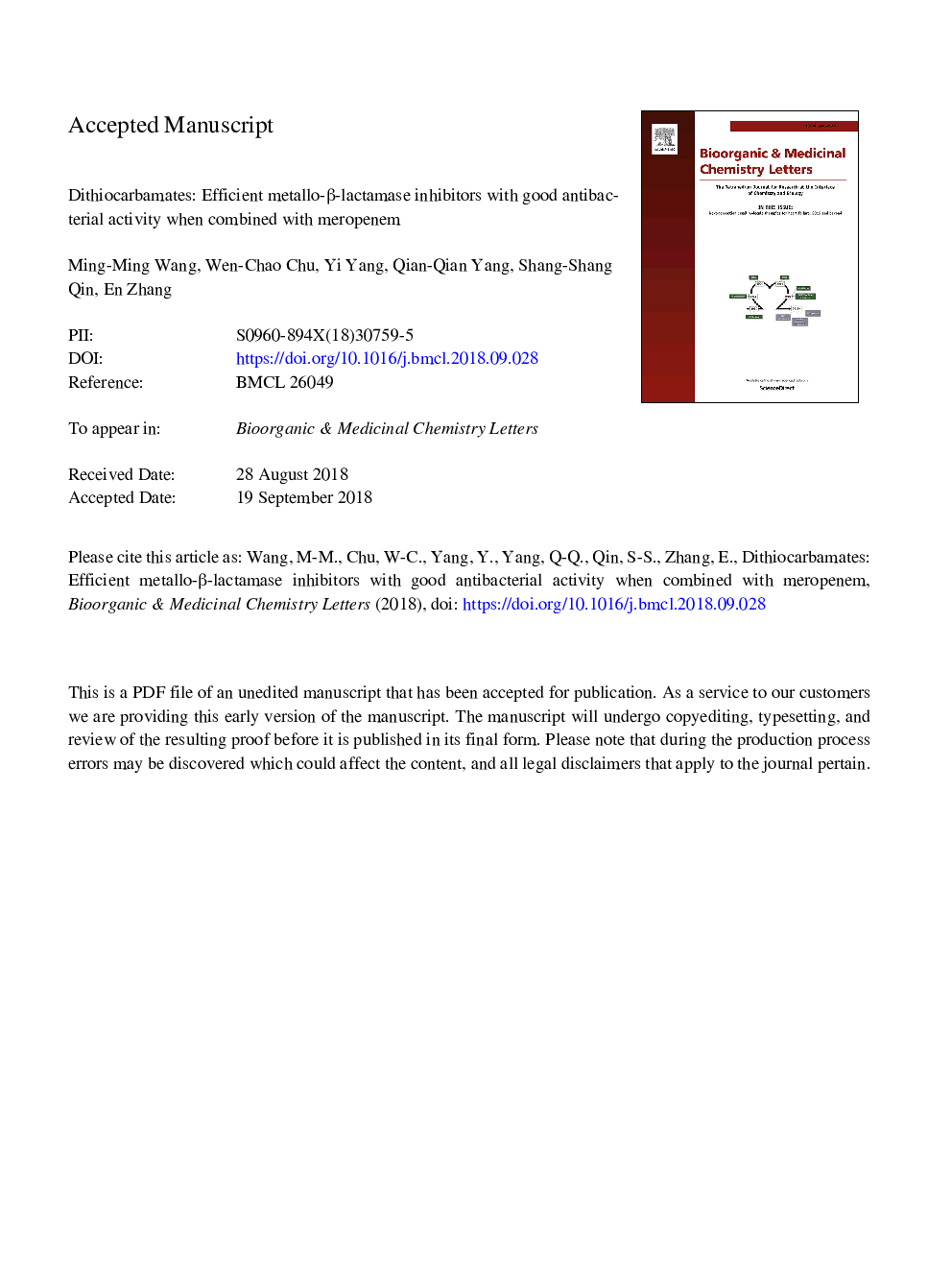 Dithiocarbamates: Efficient metallo-Î²-lactamase inhibitors with good antibacterial activity when combined with meropenem