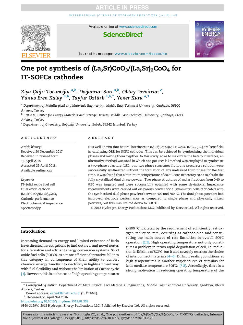 One pot synthesis of (La,Sr)CoO3/(La,Sr)2CoO4 for IT-SOFCs cathodes