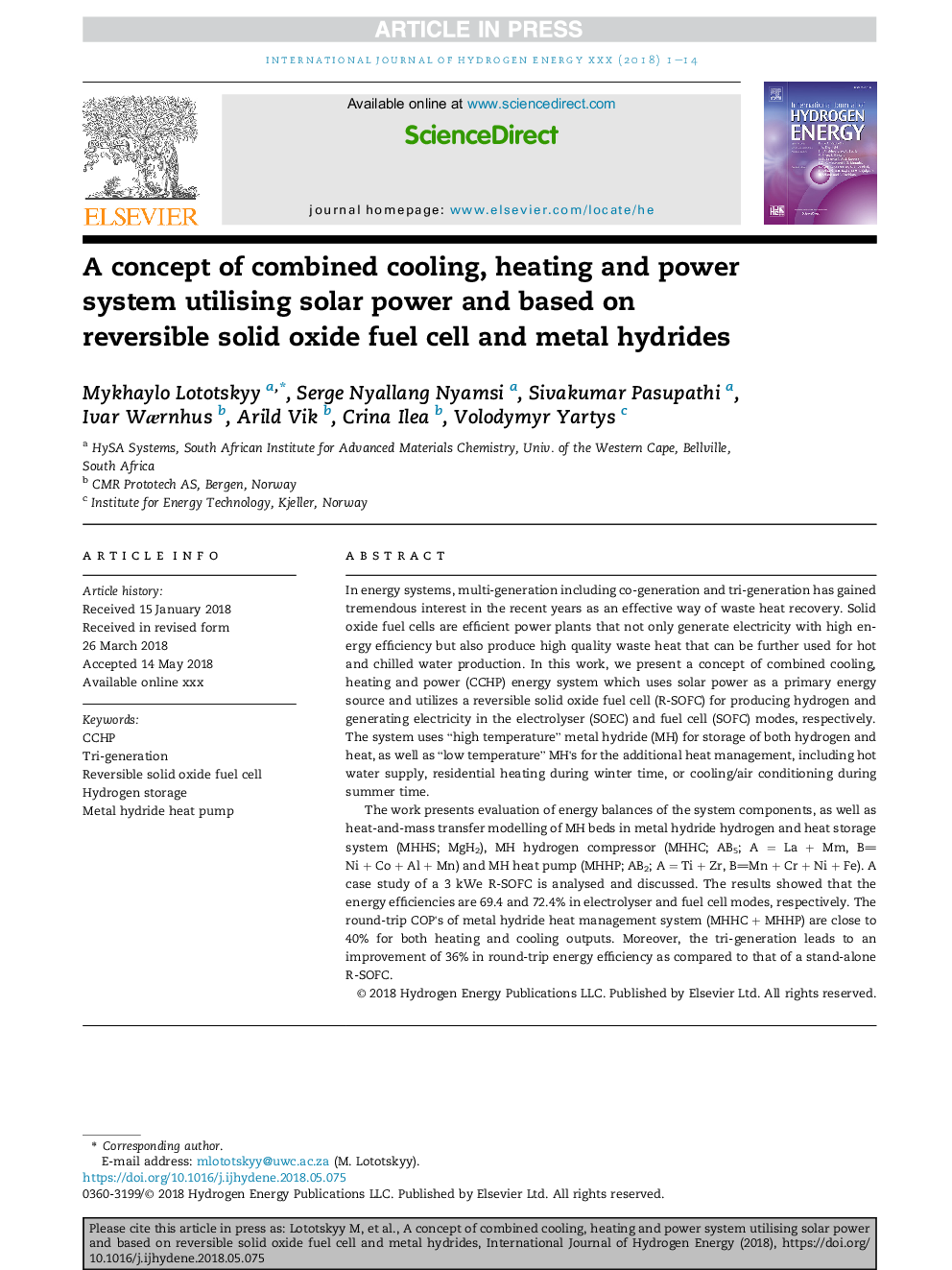 A concept of combined cooling, heating and power system utilising solar power and based on reversible solid oxide fuel cell and metal hydrides