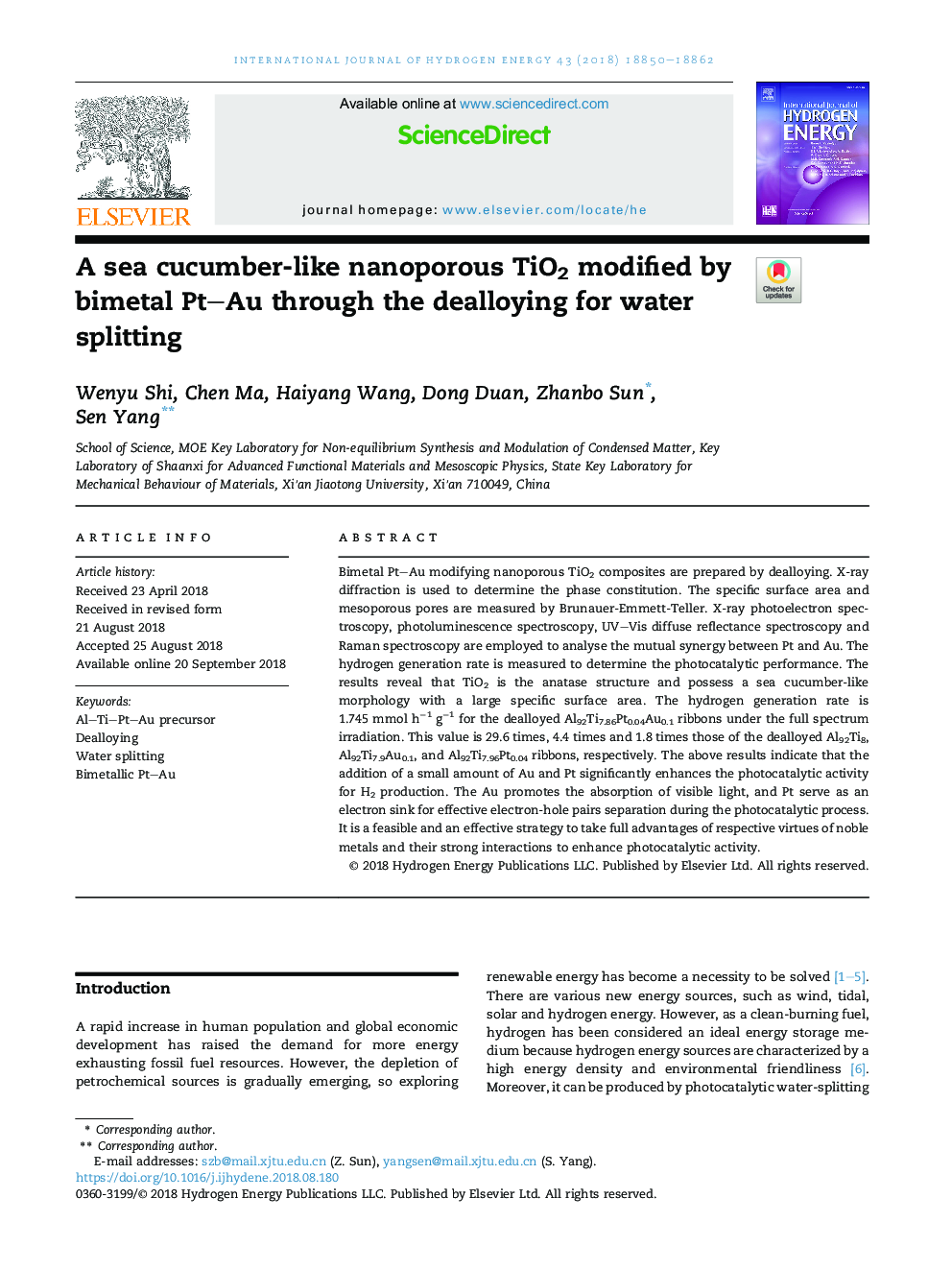 A sea cucumber-like nanoporous TiO2 modified by bimetal PtAu through the dealloying for water splitting