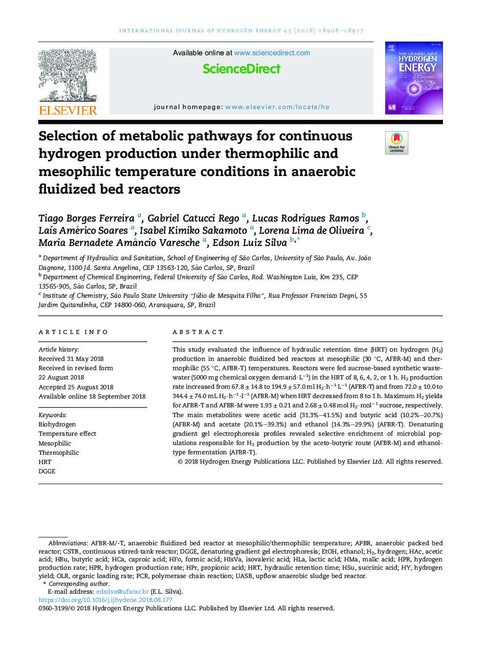 Selection of metabolic pathways for continuous hydrogen production under thermophilic and mesophilic temperature conditions in anaerobic fluidized bed reactors