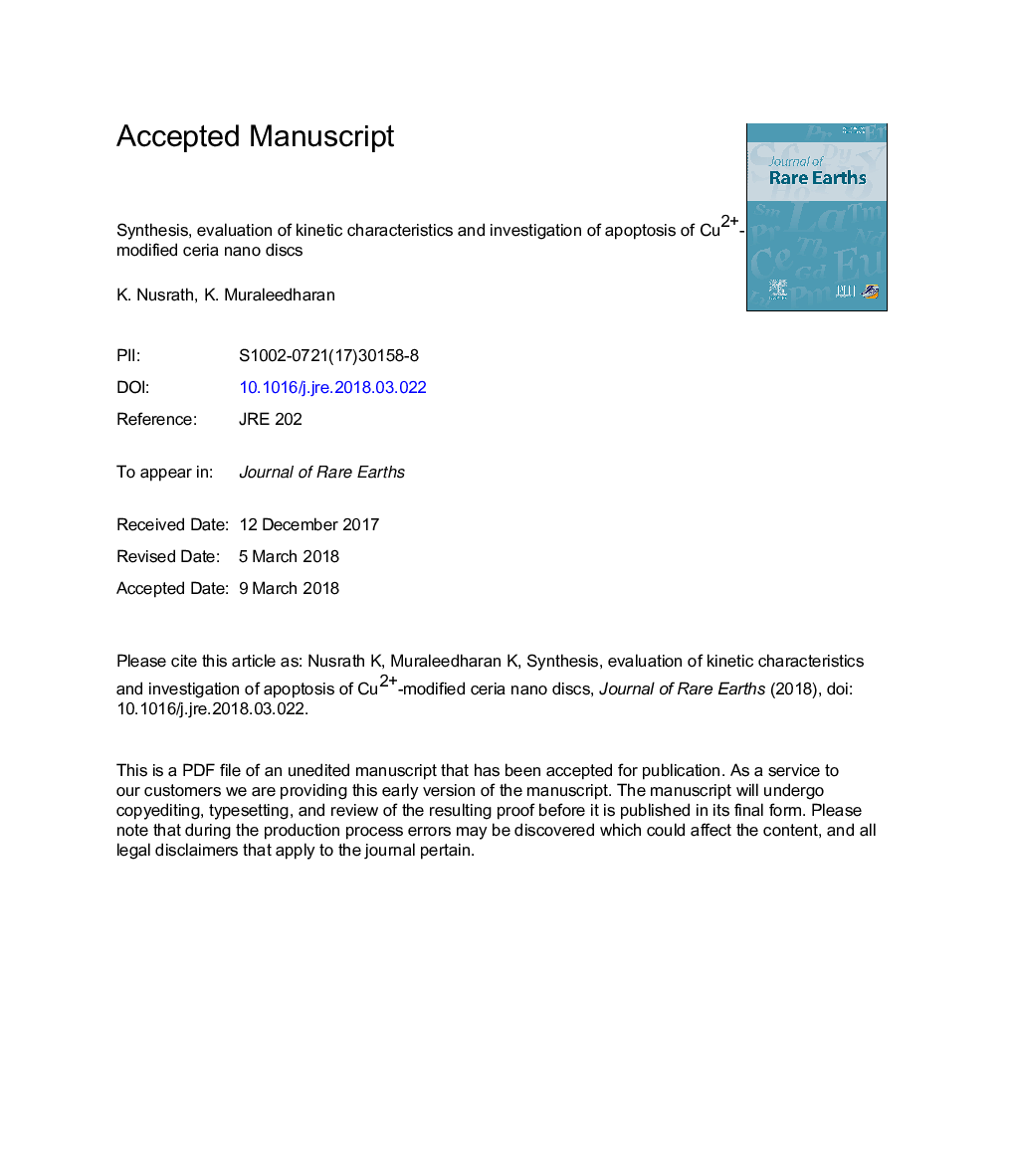 Synthesis, evaluation of kinetic characteristics and investigation of apoptosis of Cu2+-modified ceria nano discs