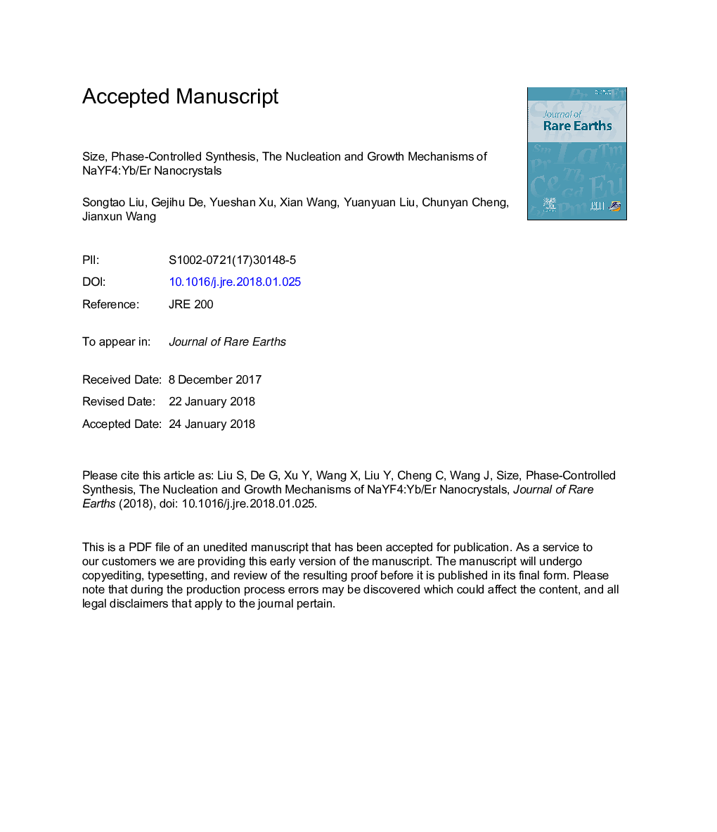 Size, phase-controlled synthesis, the nucleation and growth mechanisms of NaYF4:Yb/Er nanocrystals