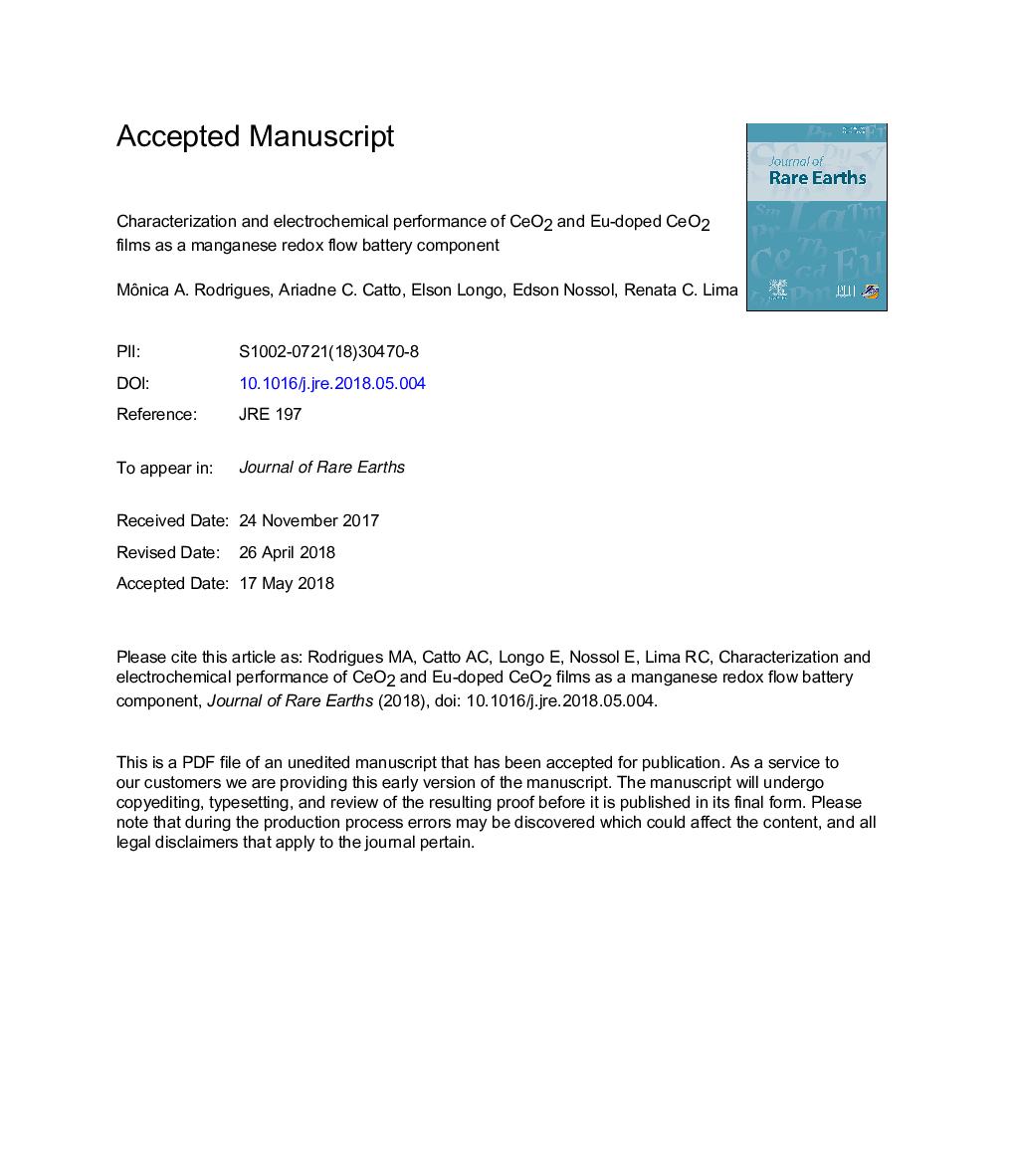 Characterization and electrochemical performance of CeO2 and Eu-doped CeO2 films as a manganese redox flow battery component