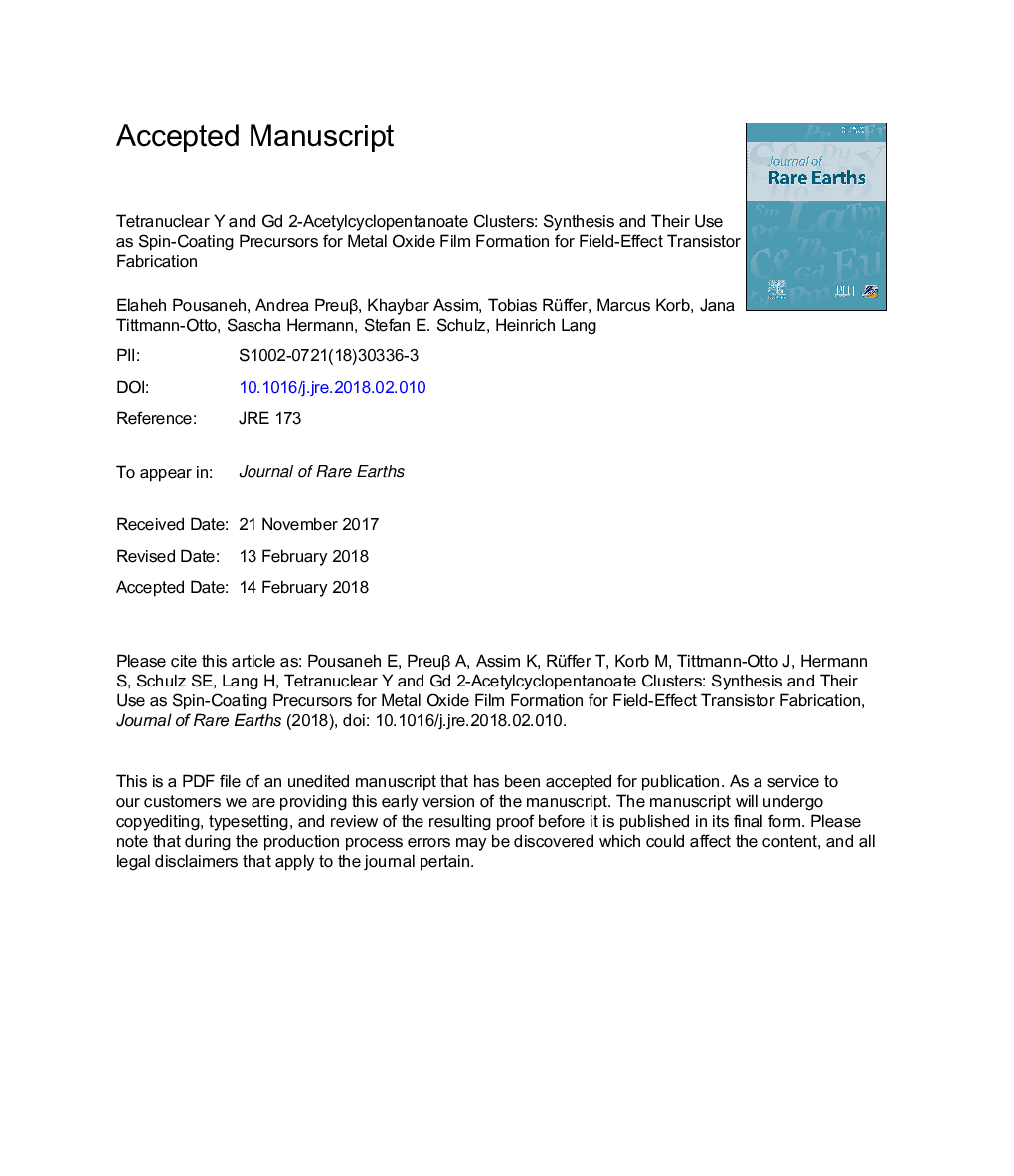 Tetranuclear yttrium and gadolinium 2-acetylcyclopentanoate clusters: Synthesis and their use as spin-coating precursors for metal oxide film formation for field-effect transistor fabrication