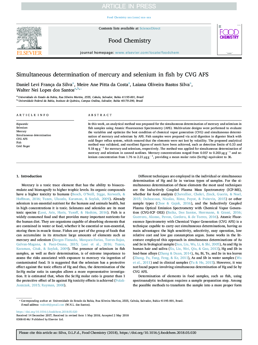 Simultaneous determination of mercury and selenium in fish by CVG AFS