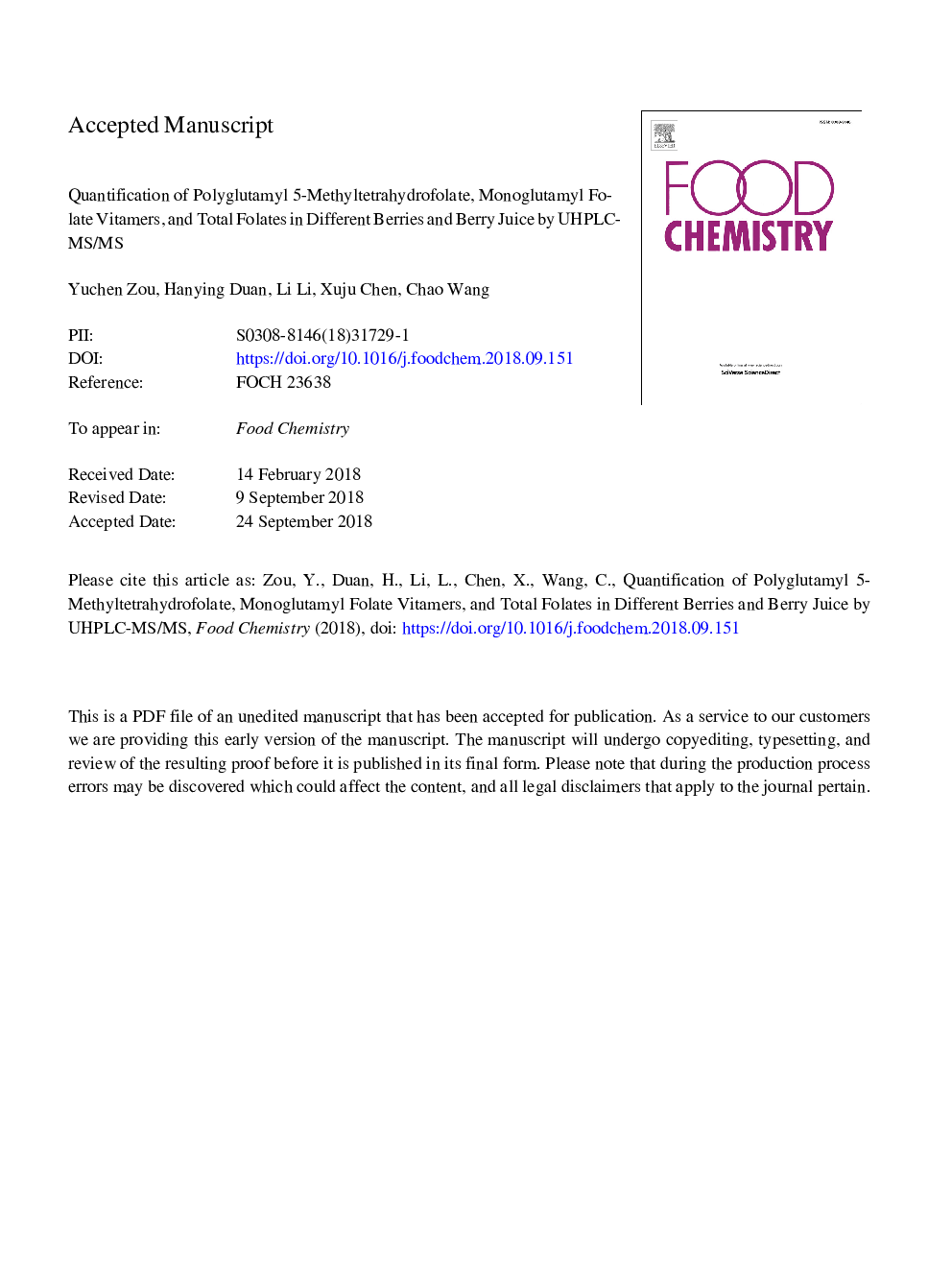 Quantification of polyglutamyl 5-methyltetrahydrofolate, monoglutamyl folate vitamers, and total folates in different berries and berry juice by UHPLC-MS/MS