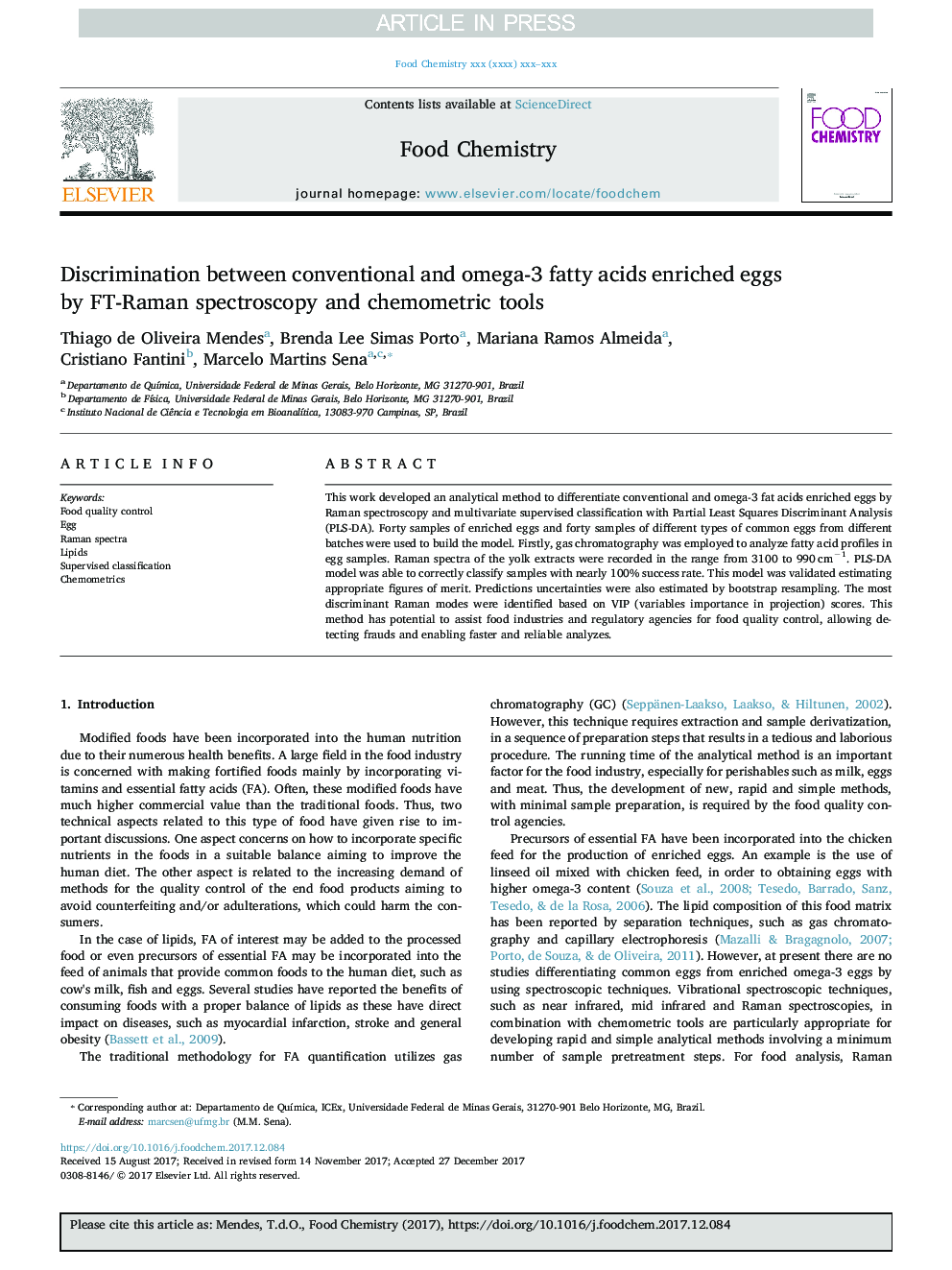 Discrimination between conventional and omega-3 fatty acids enriched eggs by FT-Raman spectroscopy and chemometric tools