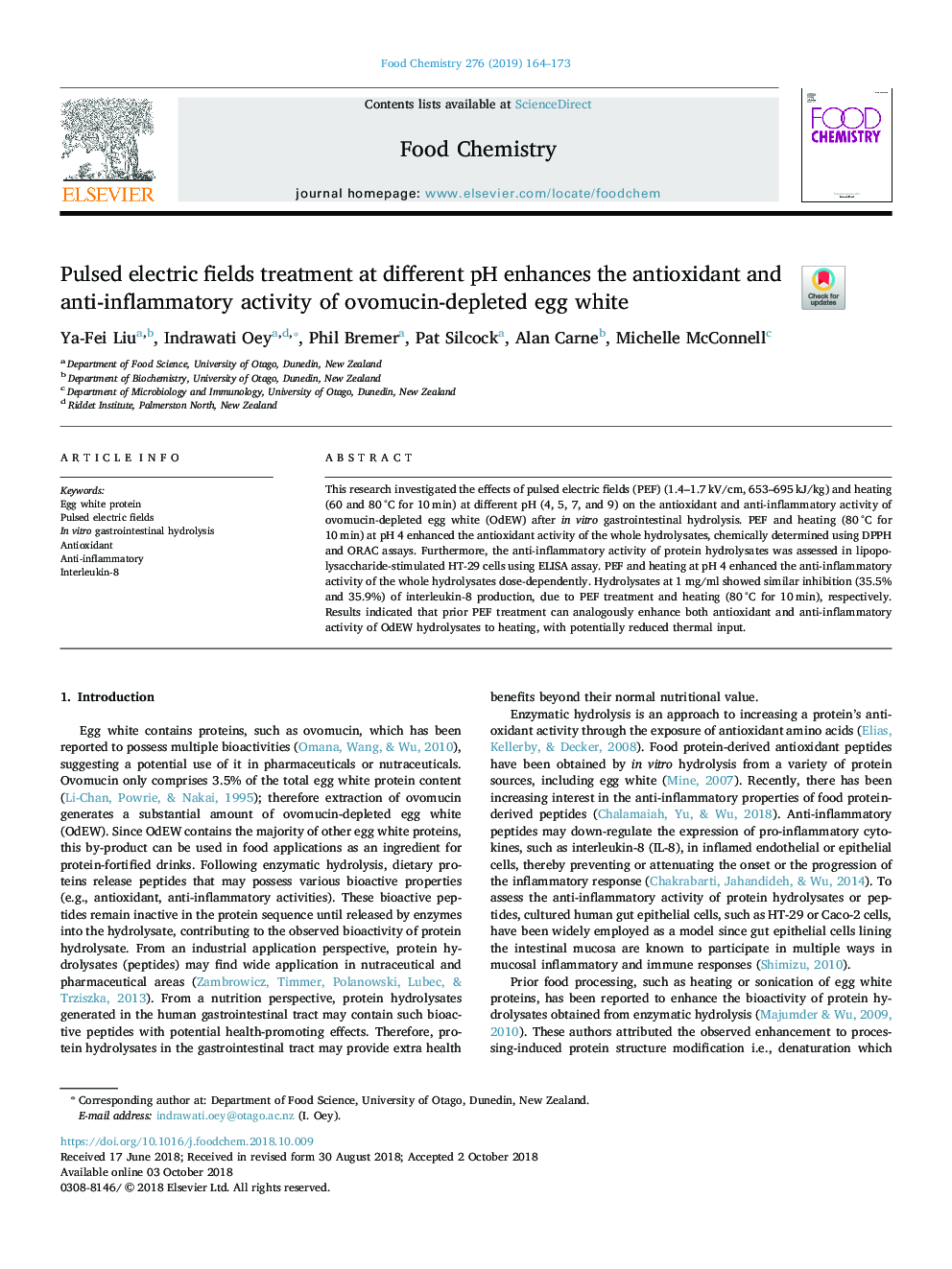 Pulsed electric fields treatment at different pH enhances the antioxidant and anti-inflammatory activity of ovomucin-depleted egg white