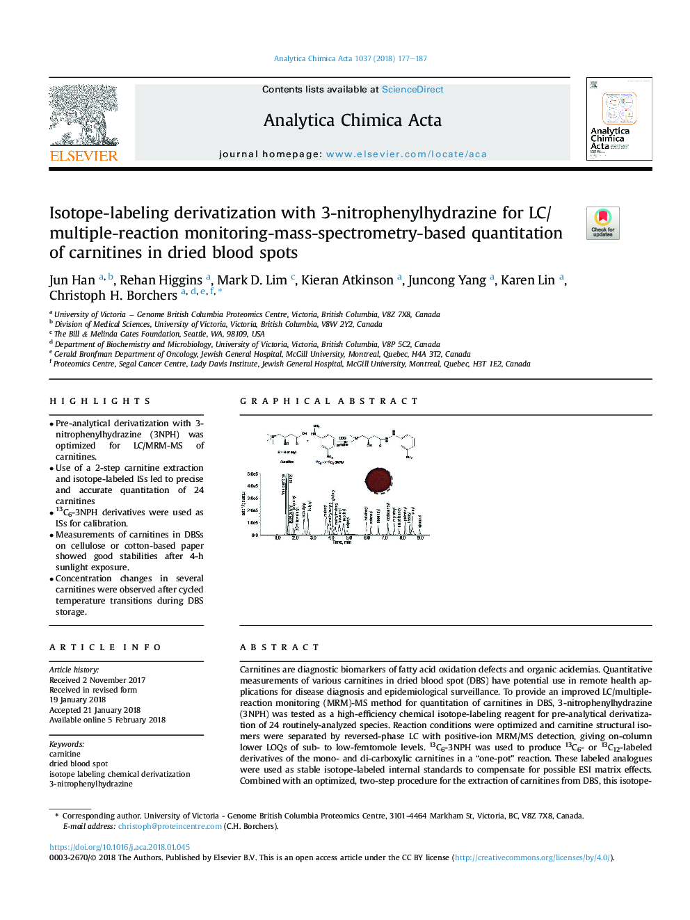 Isotope-labeling derivatization with 3-nitrophenylhydrazine for LC/multiple-reaction monitoring-mass-spectrometry-based quantitation of carnitines in dried blood spots