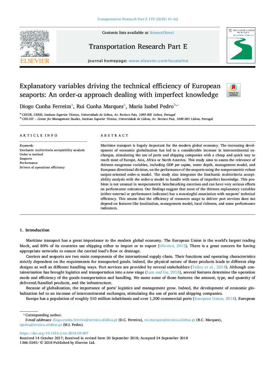 Explanatory variables driving the technical efficiency of European seaports: An order-Î± approach dealing with imperfect knowledge