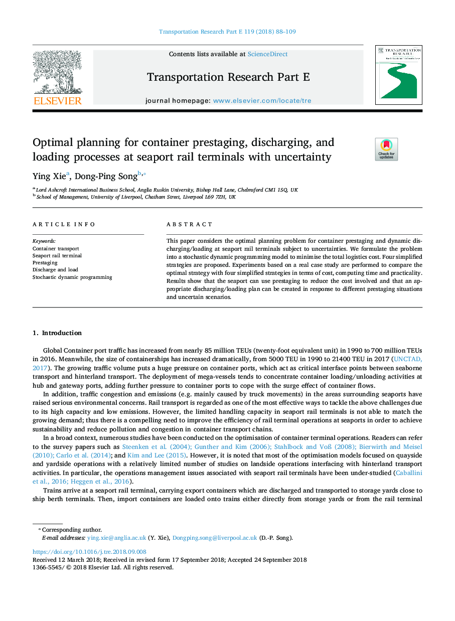 Optimal planning for container prestaging, discharging, and loading processes at seaport rail terminals with uncertainty